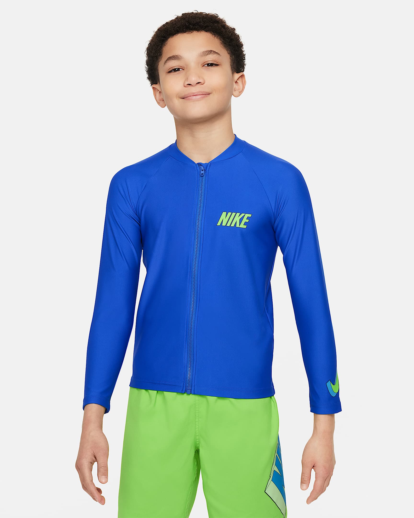 Nike Swim 3-D Swoosh 大童(男孩)全长拉链开襟防晒长袖上衣 - 游戏宝蓝/行动绿