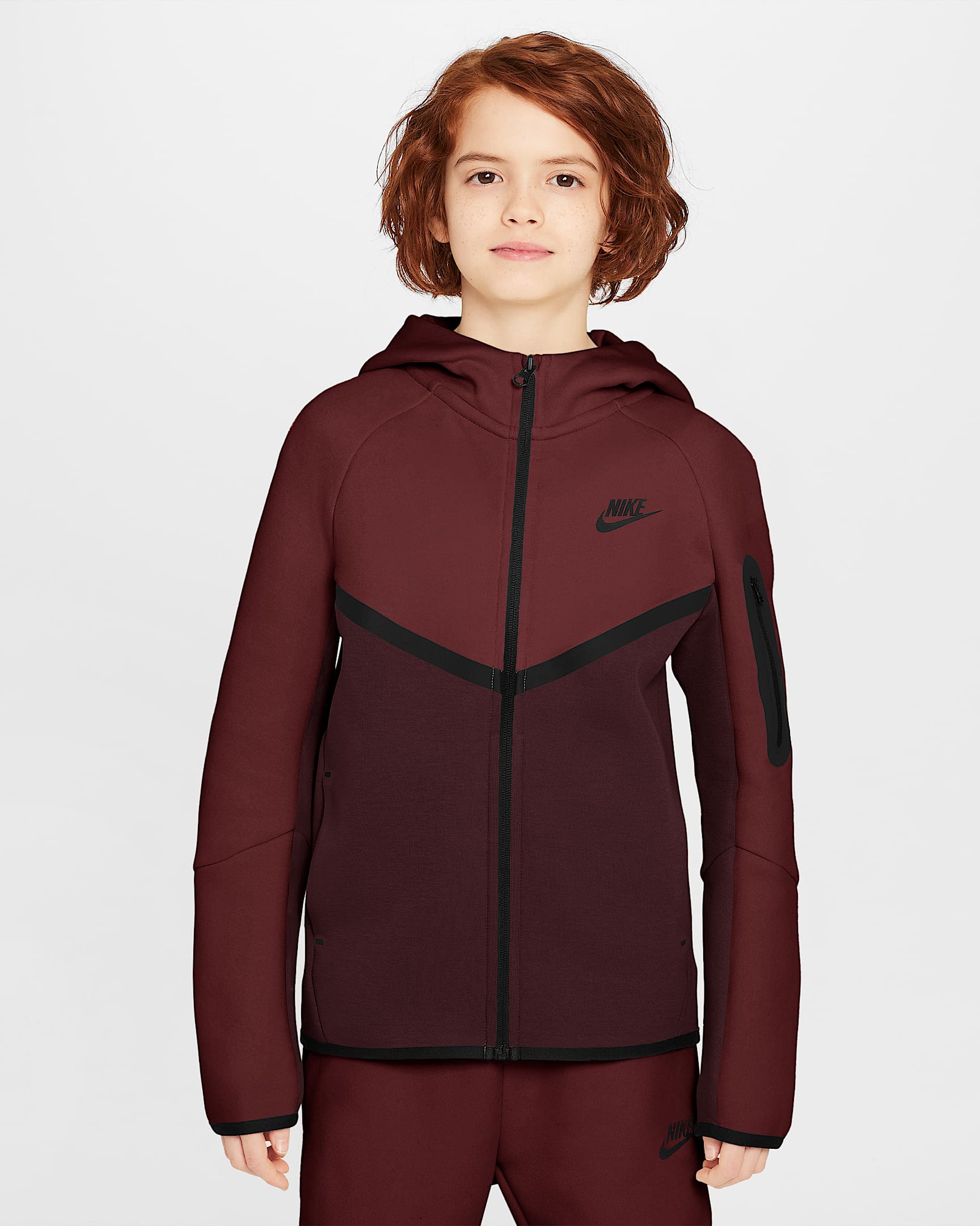 Nike Sportswear Tech Fleece 大童全长拉链开襟连帽衫 - 鲜亮勃艮第酒红/暗队红/黑/黑