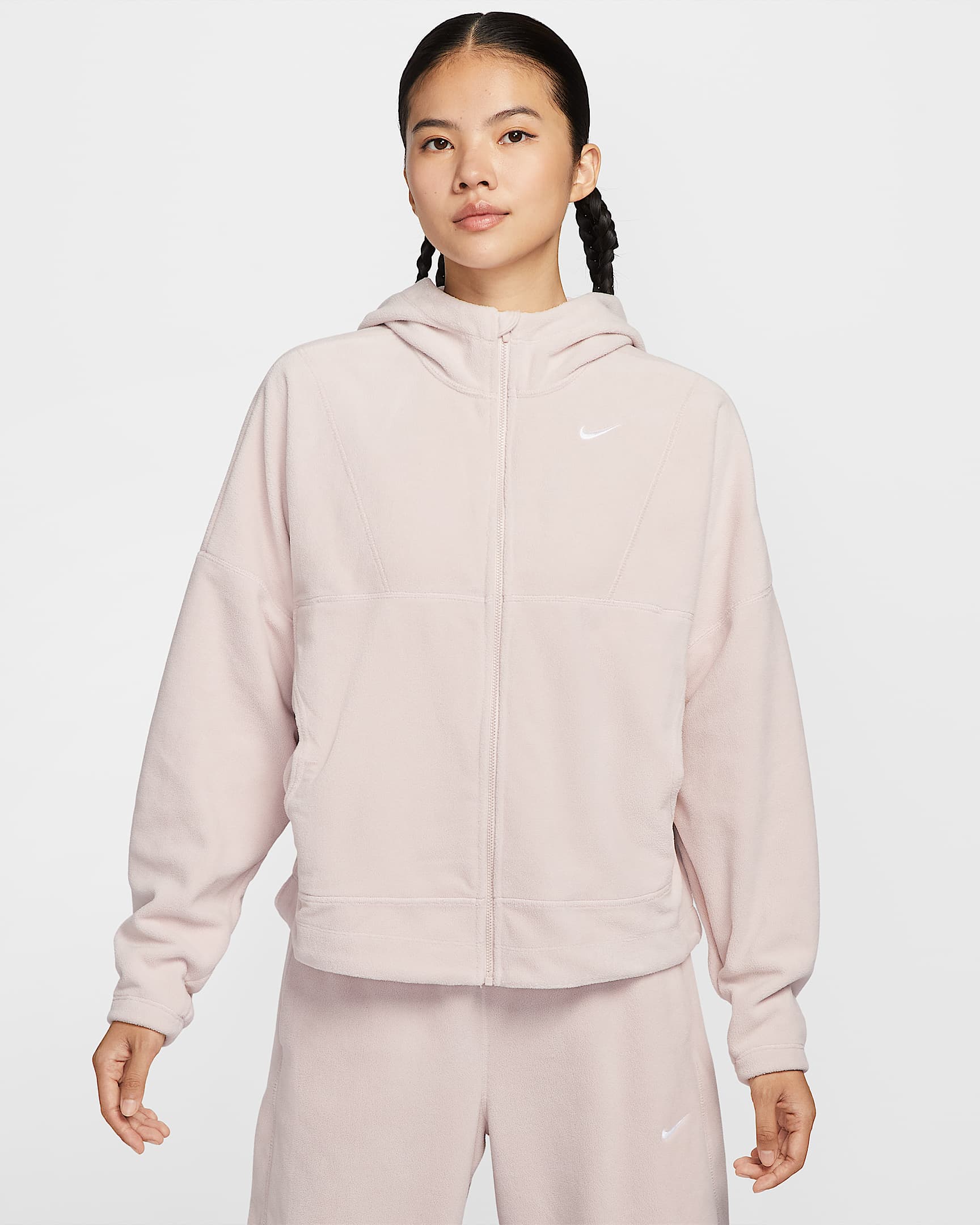 Nike One Therma-FIT 女子摇粒绒全长拉链开襟上衣 - 砂岩灰粉/白色