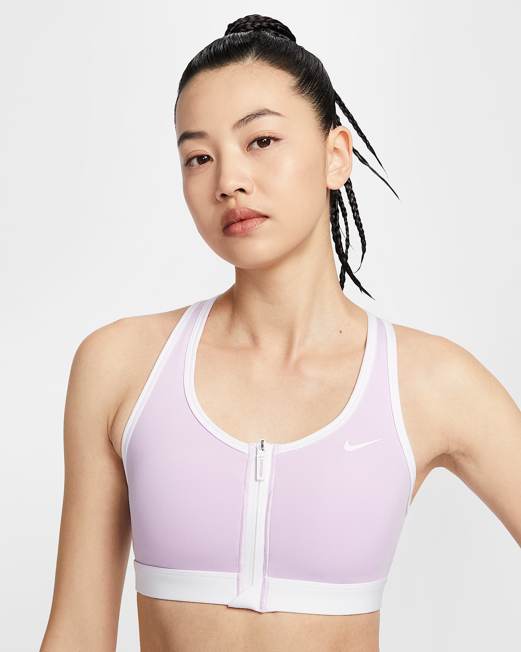 Nike Swoosh 女子中强度支撑速干衬垫前拉链运动内衣 - 粉紫