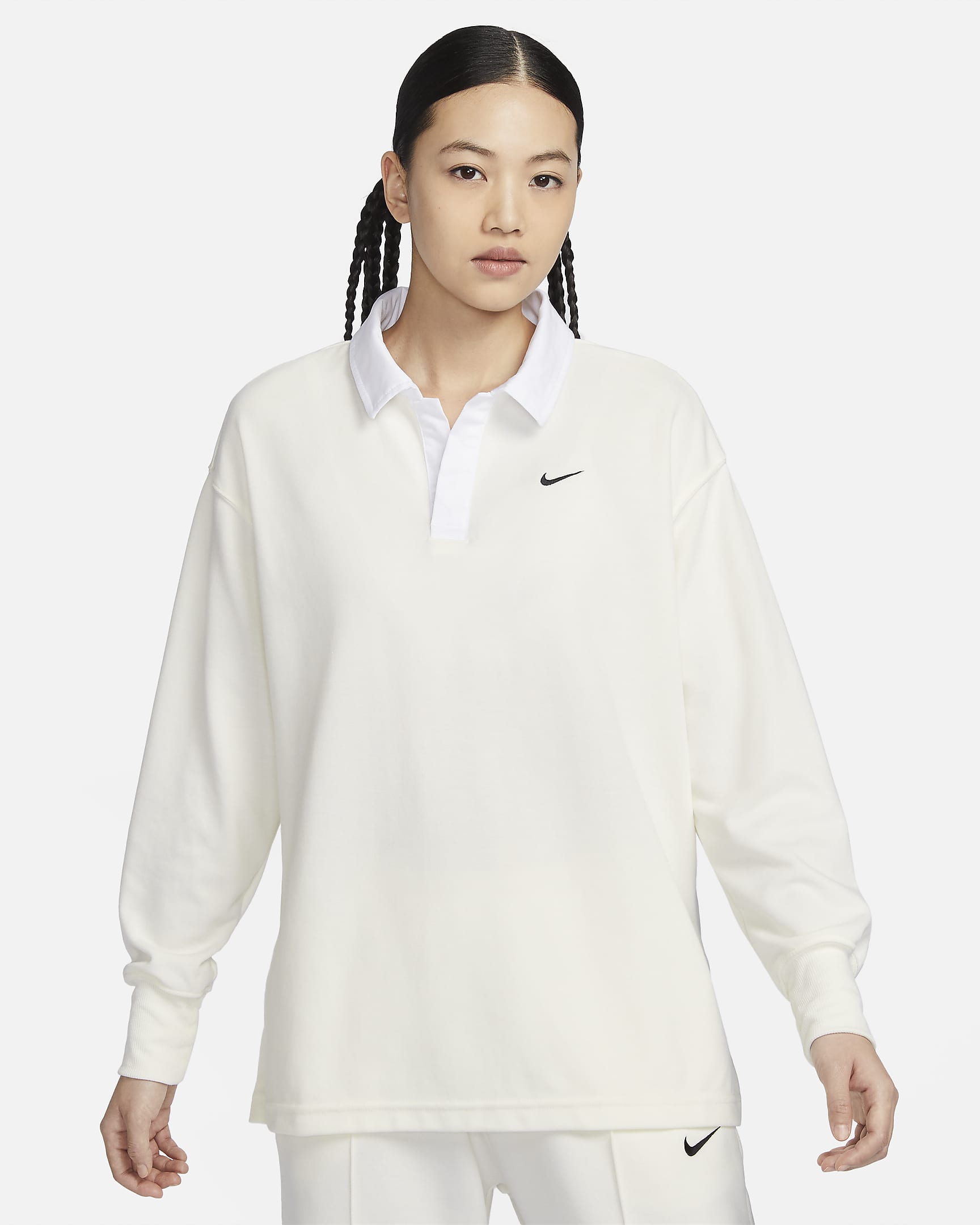 Nike Sportswear Essential 女子 Oversize 风长袖翻领T恤 - 帆白/黑