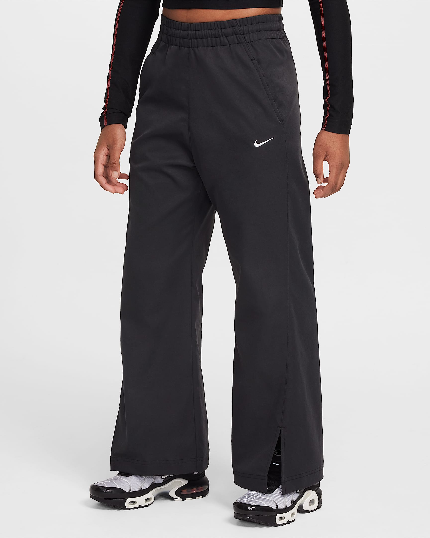 Nike Sportswear 大童(女孩)梭织阔腿长裤 - 黑/白色