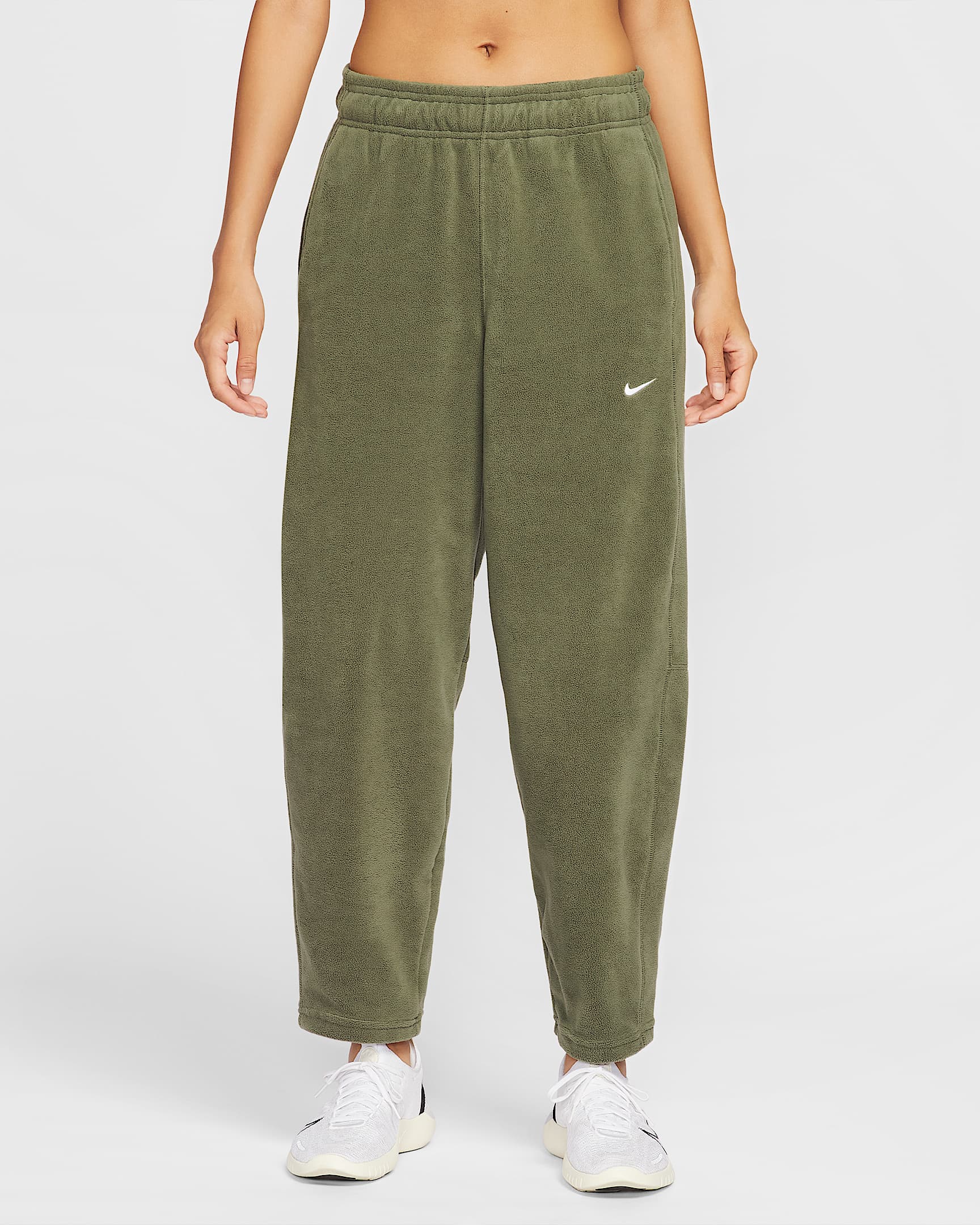 Nike One Therma-FIT 女子中腰摇粒绒长裤 - 中橄榄绿/白色