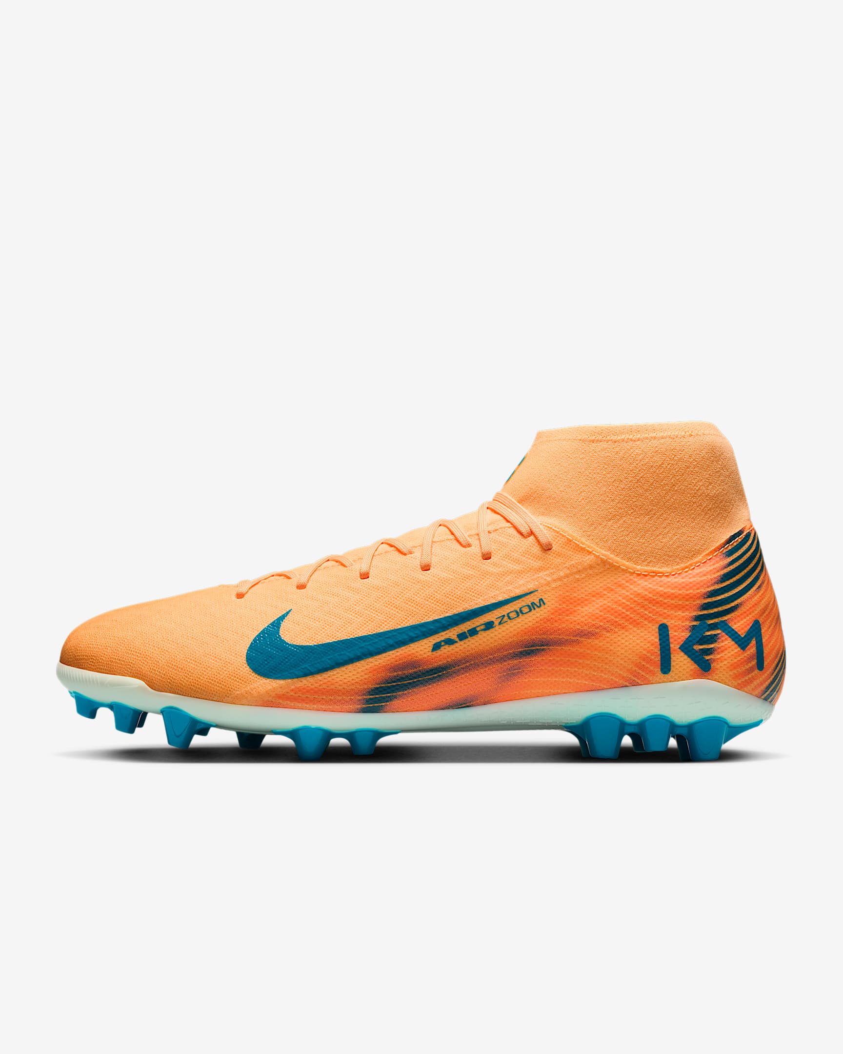 Nike Mercurial Superfly 10 Academy "Kylian Mbappé" 耐克刺客系列姆巴佩男/女 AG 人造草地高帮足球鞋 - 浅甜瓜橙/伊格鲁蓝/孔雀蓝