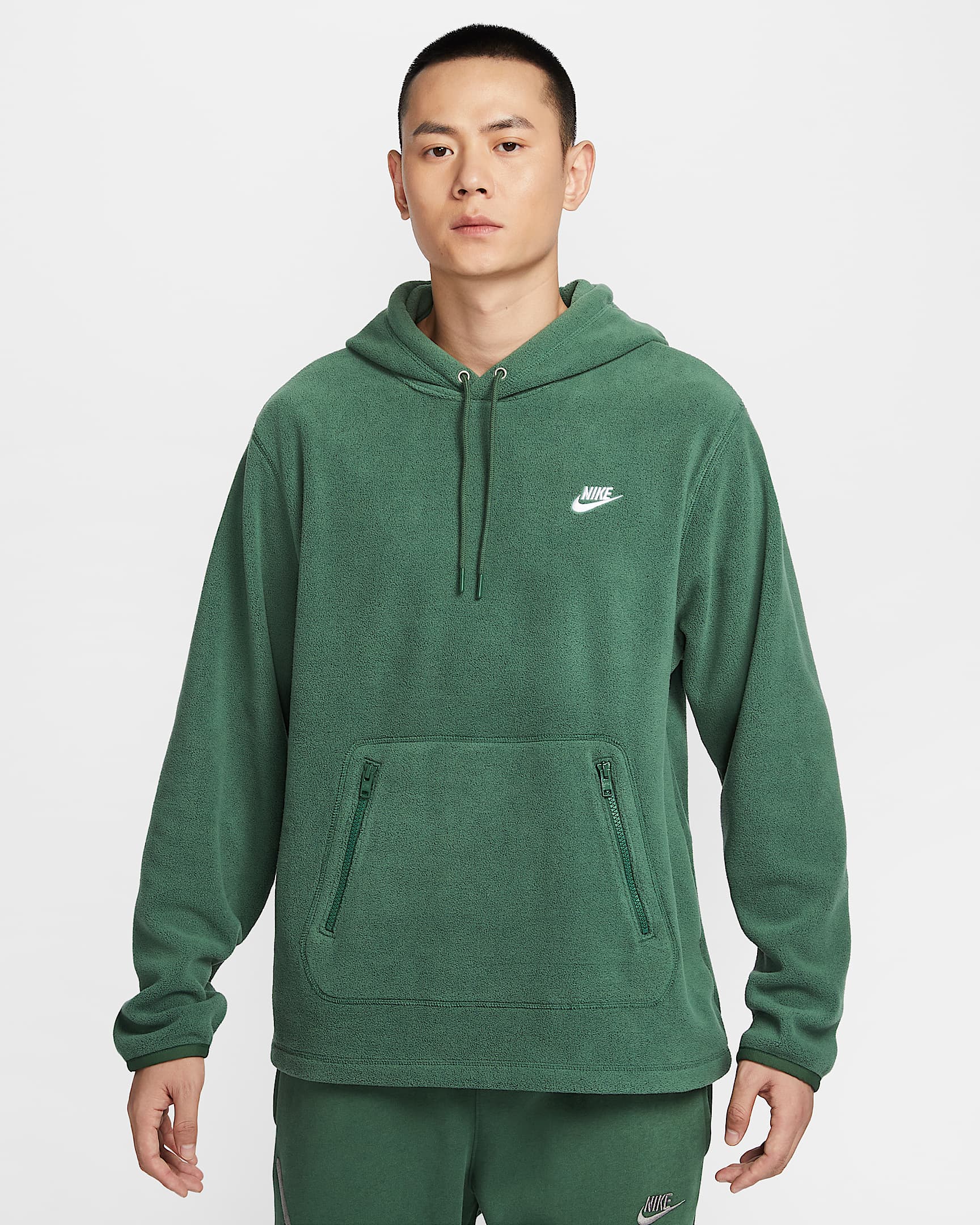 Nike Club 男子冬季款摇粒绒套头连帽衫 - 冷杉绿/白色