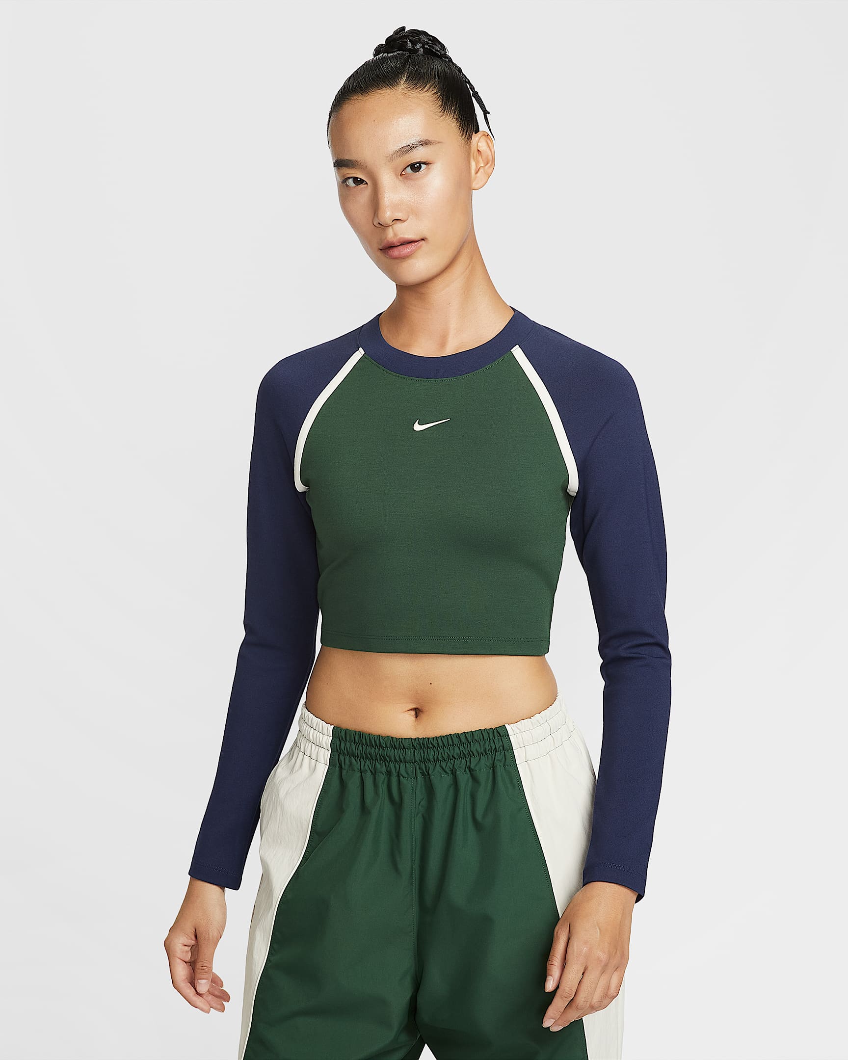 Nike Sportswear 女子紧身长袖短款上衣 - 冷杉绿/深藏青/粉白/粉白