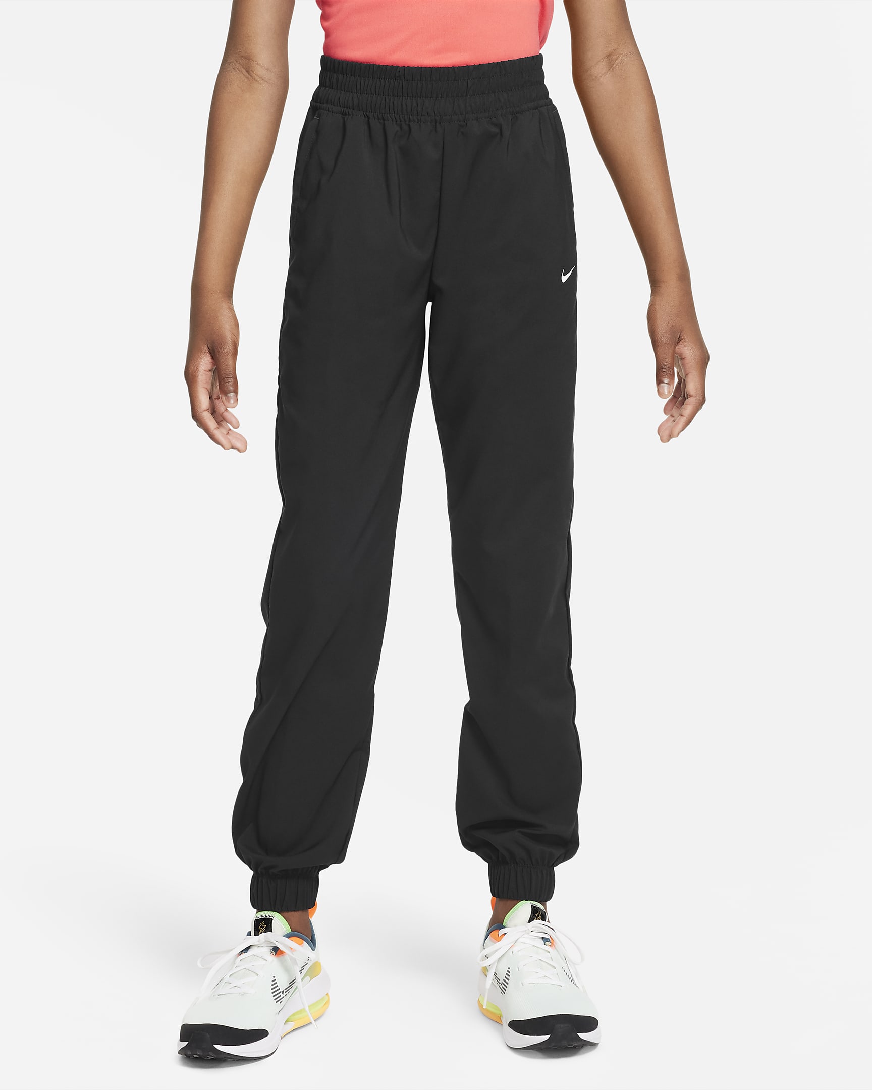 Nike Dri-FIT One 大童(女孩)速干舒爽梭织训练长裤 - 黑/白色