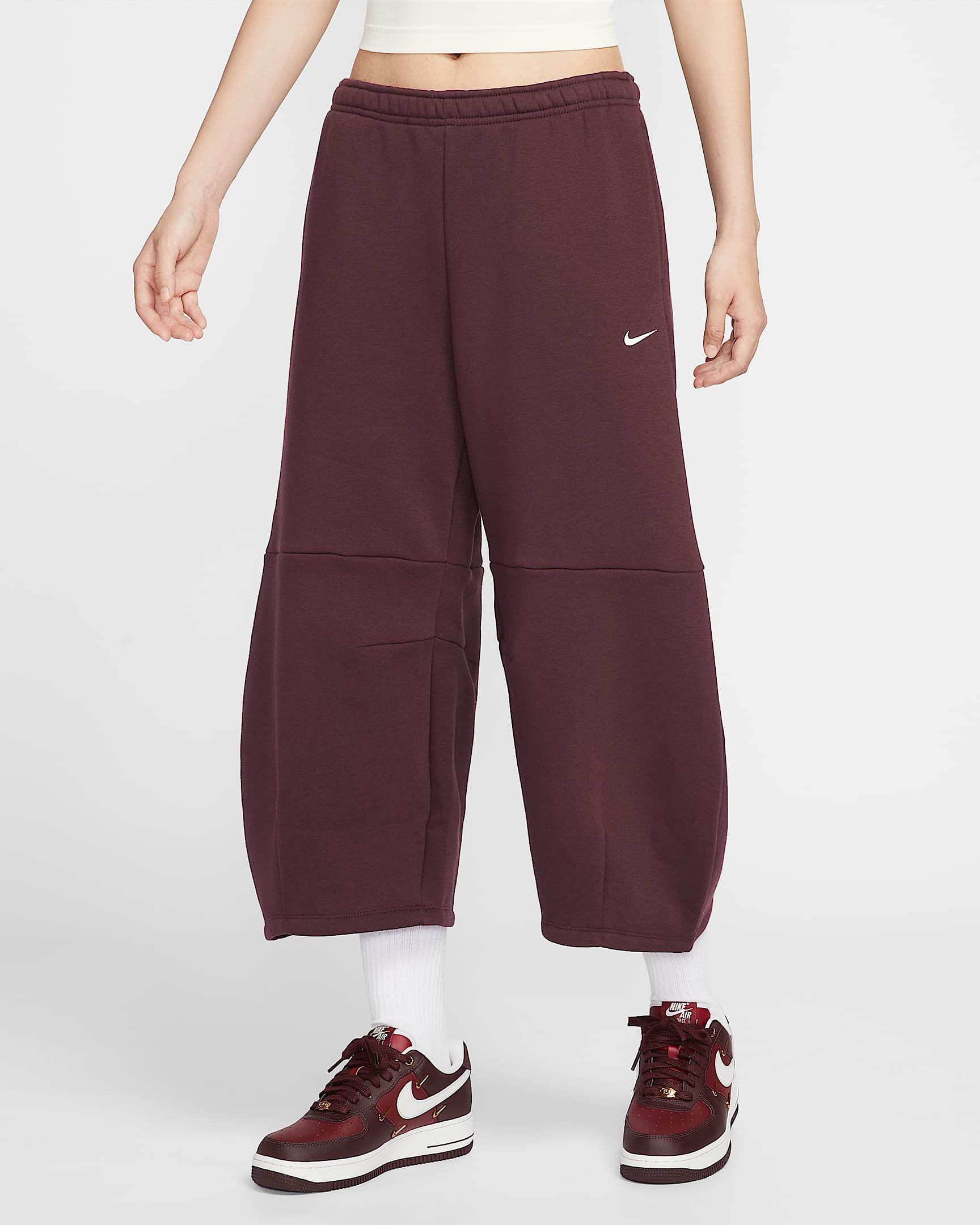 Nike Sportswear Phoenix Fleece 女子宽松中腰加绒九分裤 - 鲜亮勃艮第酒红/帆白