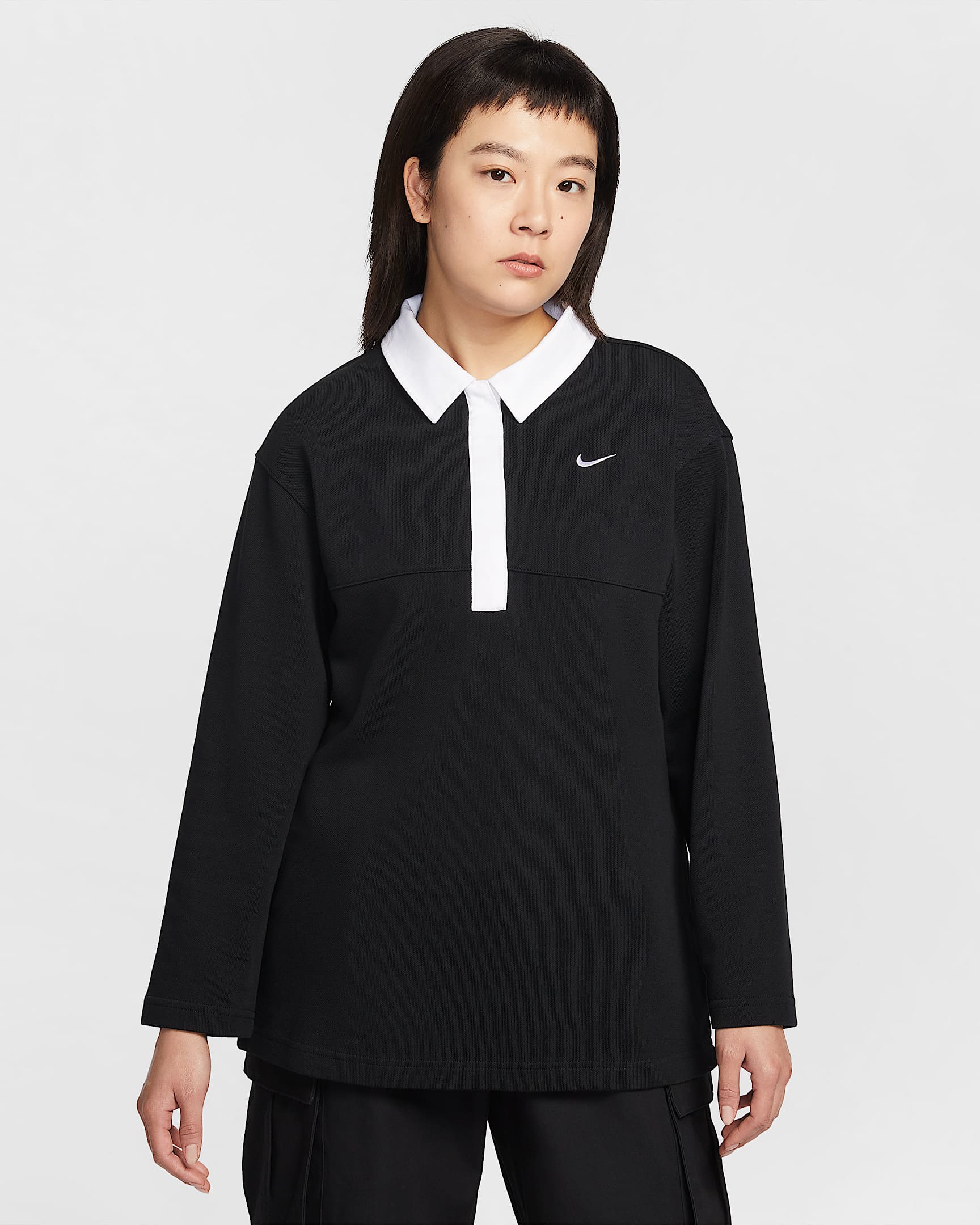 Nike Sportswear 女子 Oversize 风长袖翻领T恤 - 黑/黑/黑/白色
