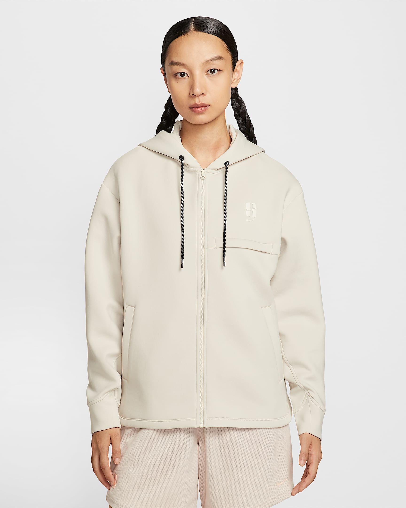 Sabrina Dri-FIT 萨布丽娜女子速干宽松全长拉链开襟篮球连帽衫 - 浅土褐/水洗珊瑚红/帆白