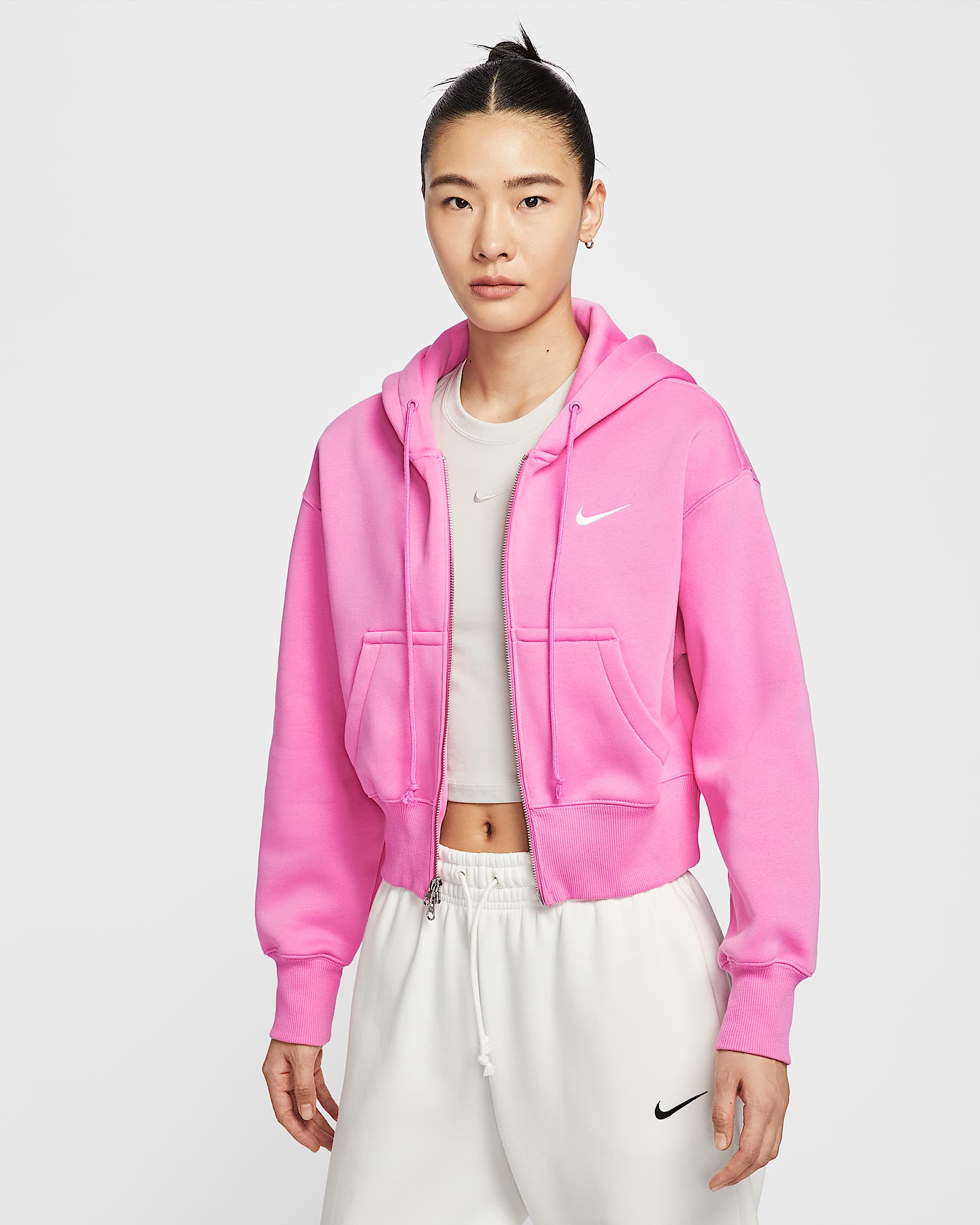 Nike Sportswear Phoenix Fleece 女子宽松全长拉链开襟短款加绒连帽衫 - 俏皮粉/帆白