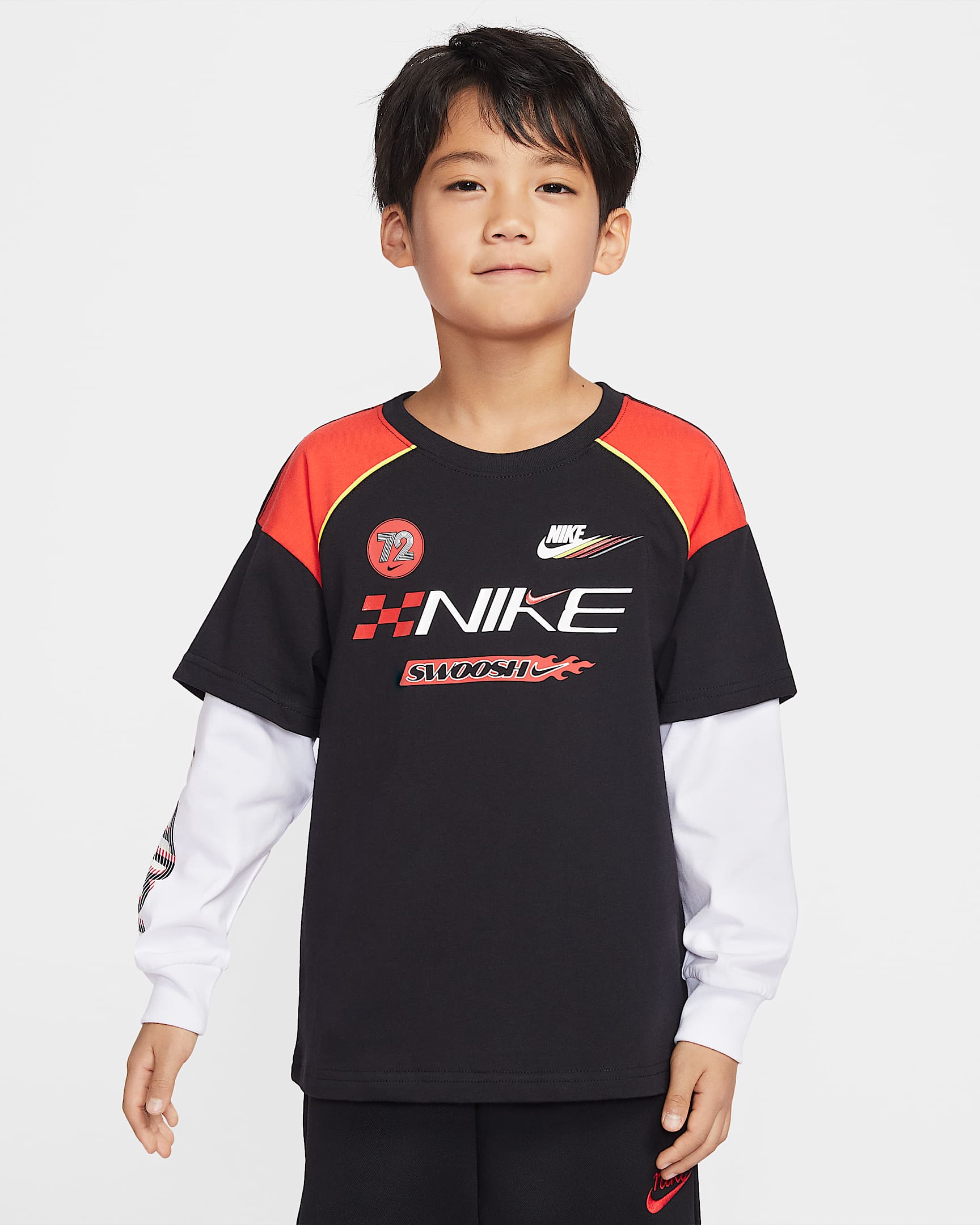 Nike Sportswear Victory Lap 幼童假两件式长袖T恤 - 黑/红色/白色/白色