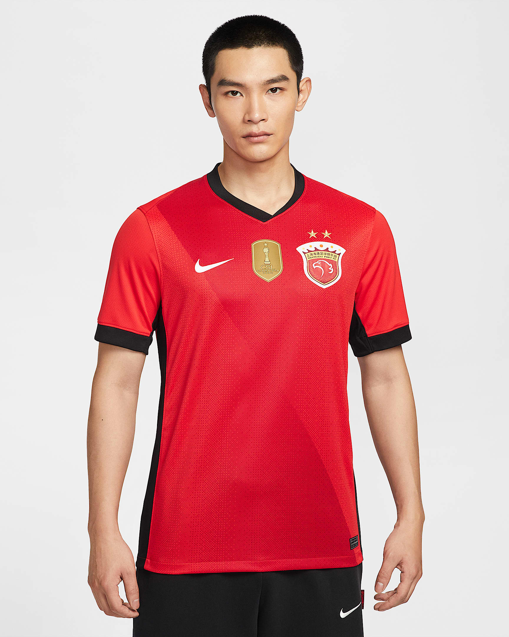 2025 赛季上海海港主场球迷版 Nike Dri-FIT 男子速干足球球衣 - 挑战红/黑/白色