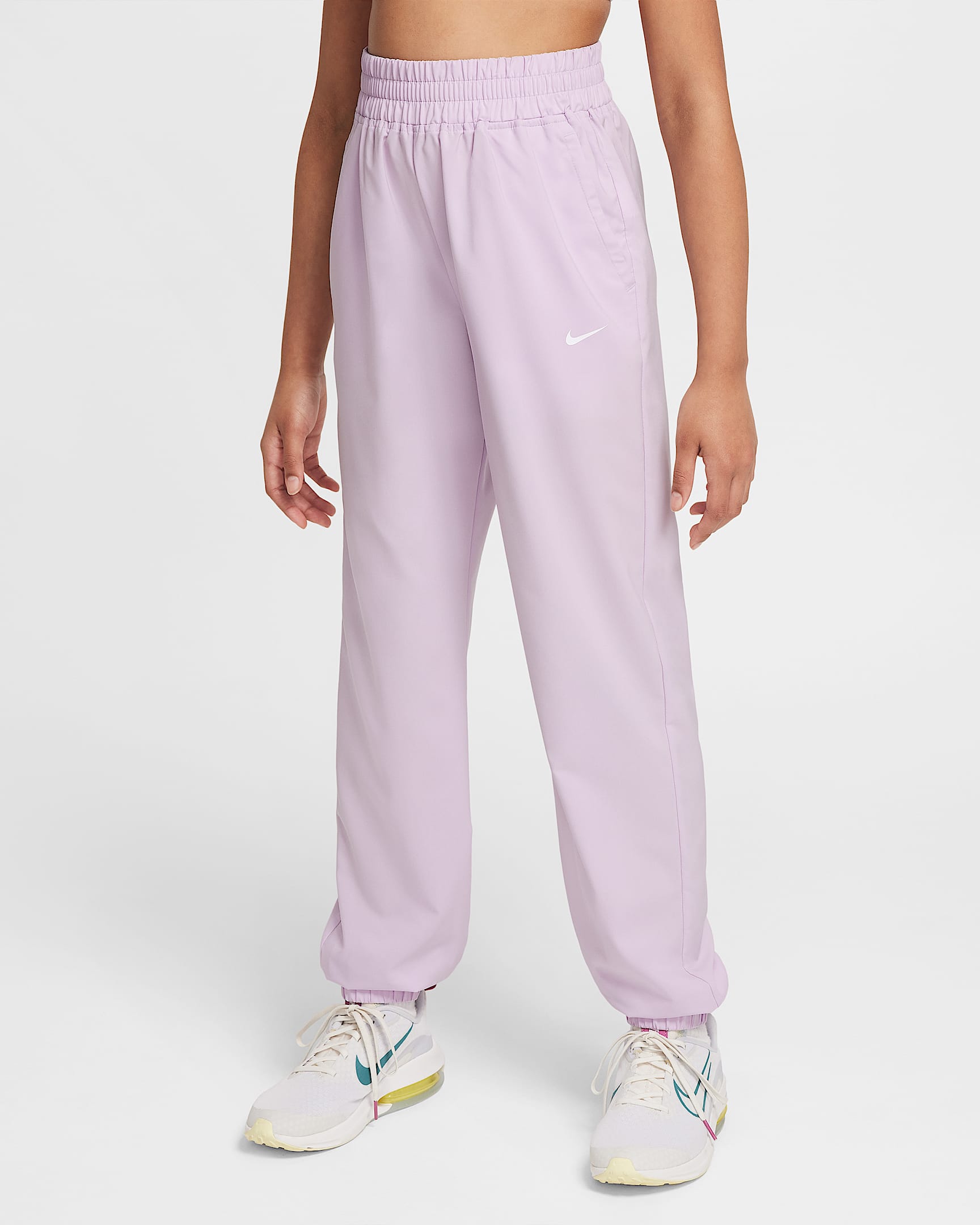 Nike Dri-FIT One 大童(女孩)速干舒爽梭织训练长裤 - 粉紫/白色
