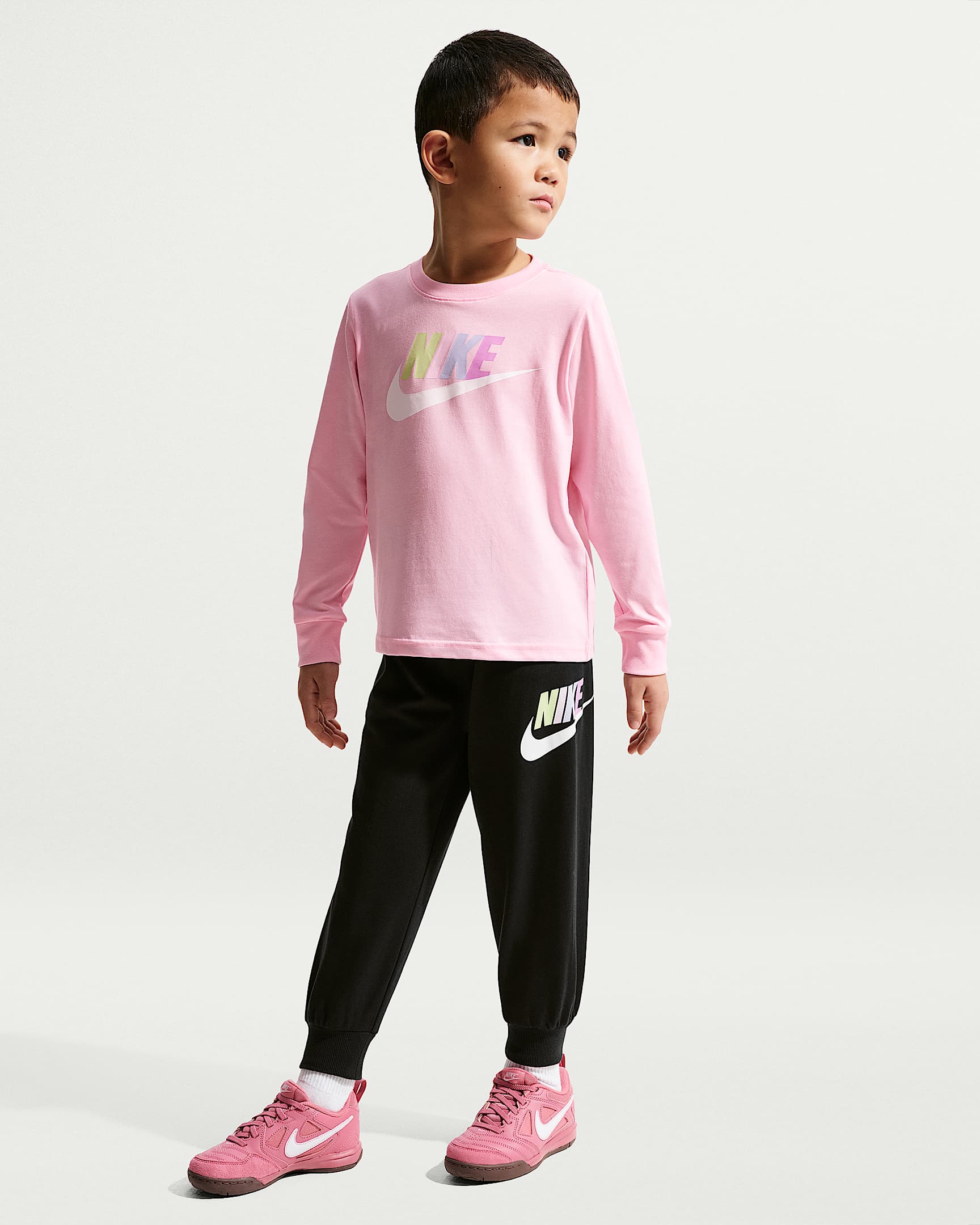 Nike 幼童长袖T恤和法式毛圈长裤套装 - 黑/粉色/多色/白色