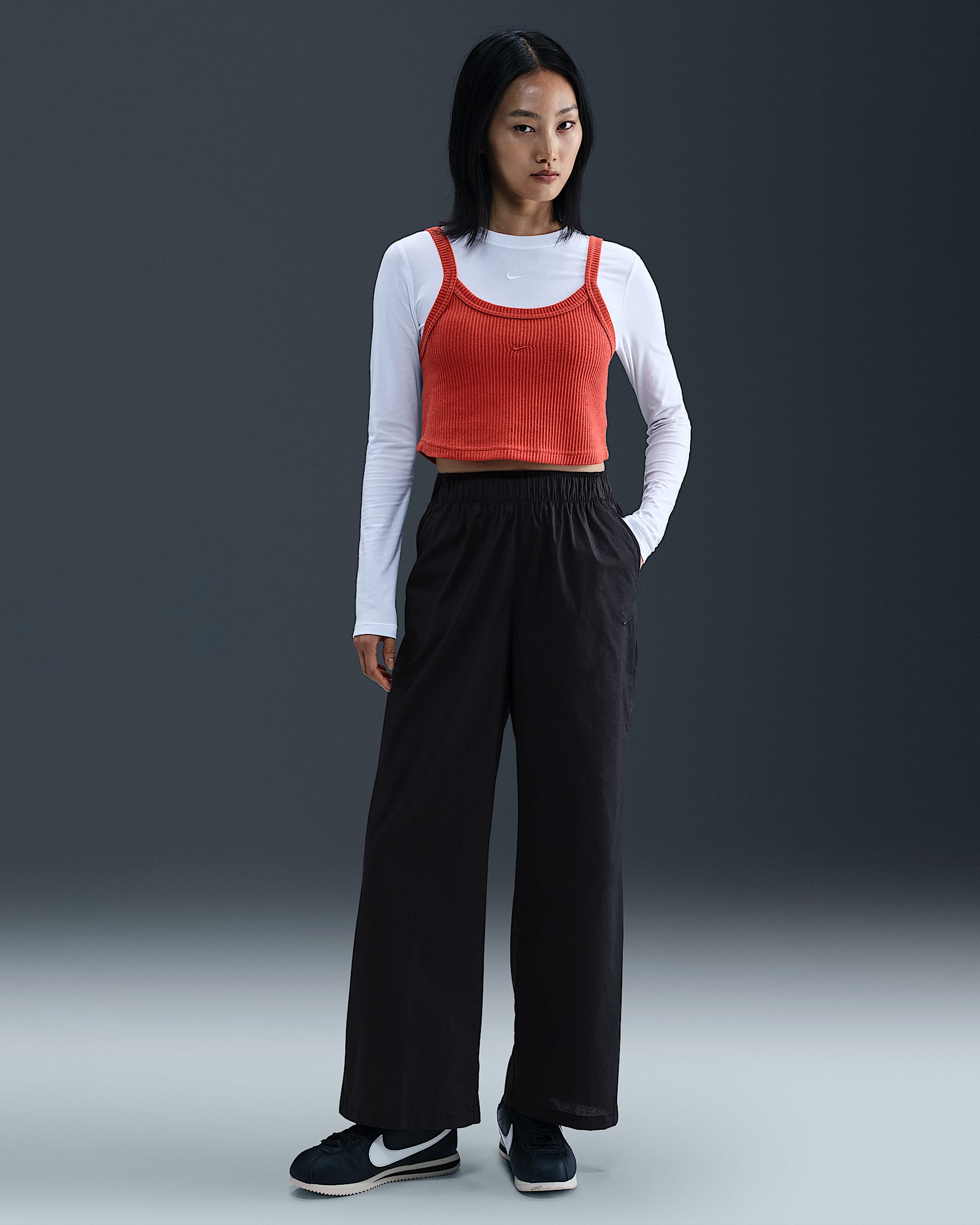 Nike Sportswear Chill Poplin 女子高腰宽松直筒长裤 - 黑/黑