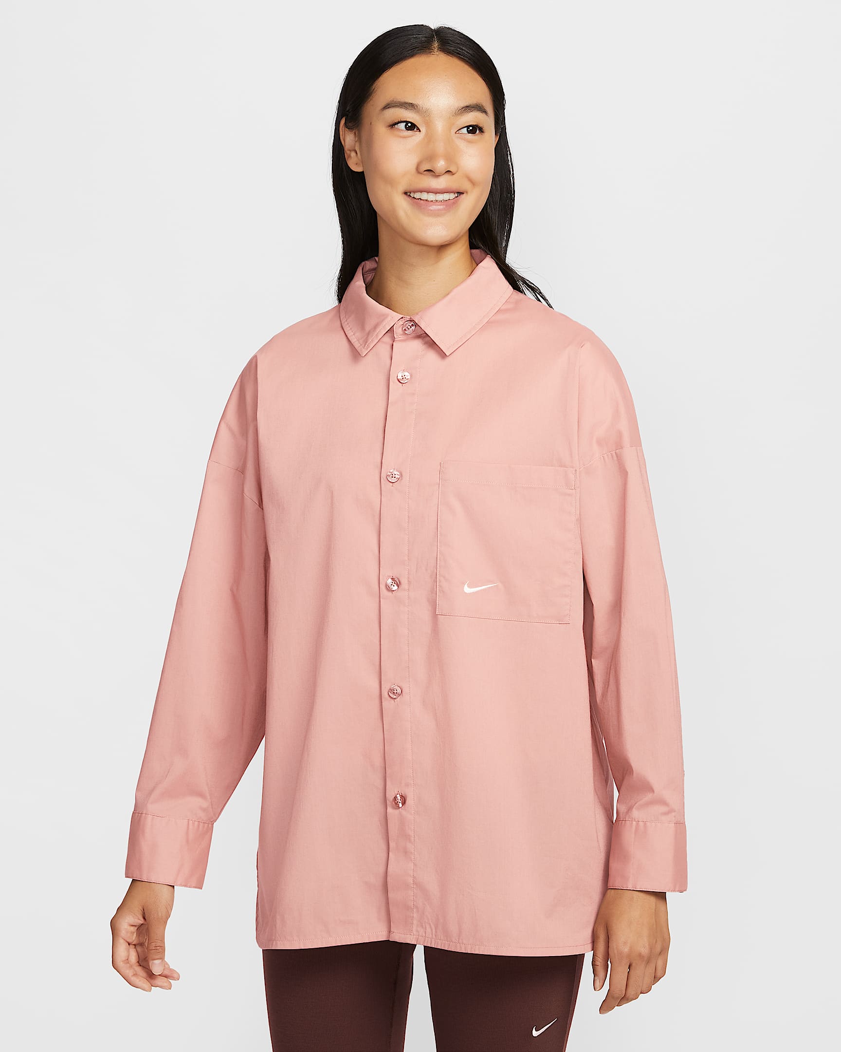 Nike Sportswear Chill Poplin 女子宽松长袖纽扣上衣 - 微粒粉/帆白