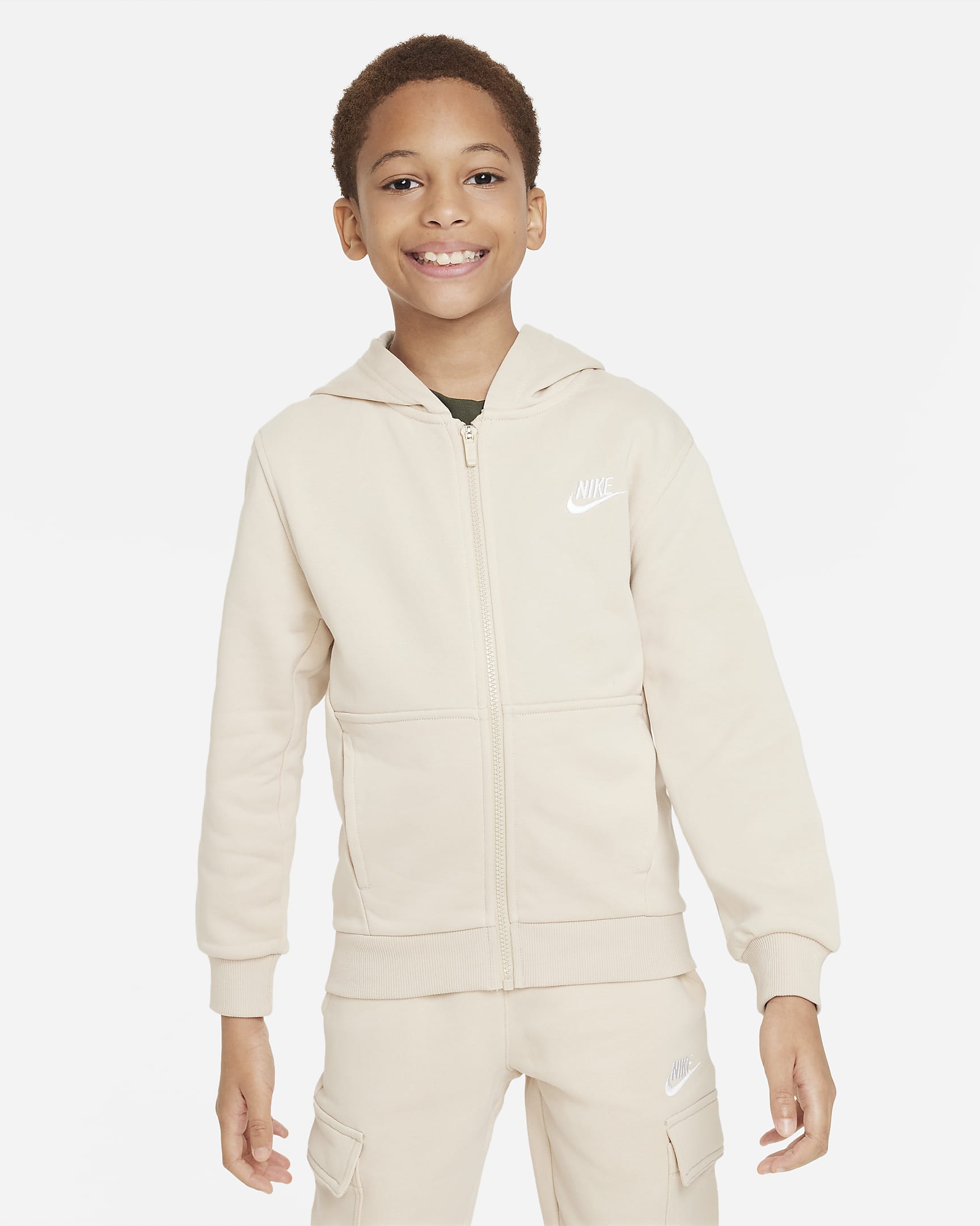 Nike Club Fleece 大童全长拉链开襟连帽衫 - 沙堆白/白色