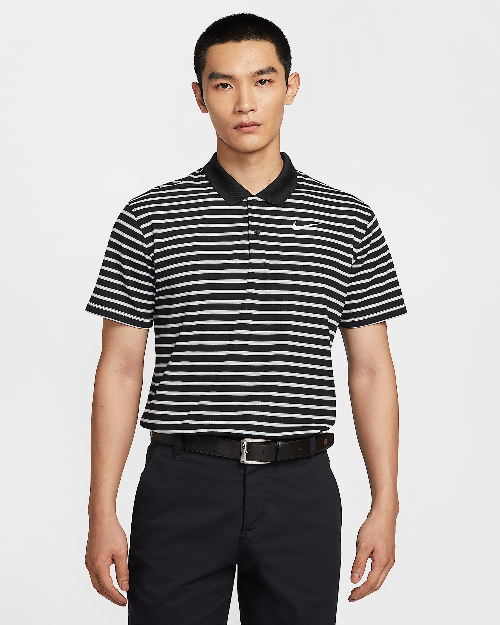 Nike Dri-FIT Victory 男子条纹速干高尔夫翻领T恤 - 黑/白色