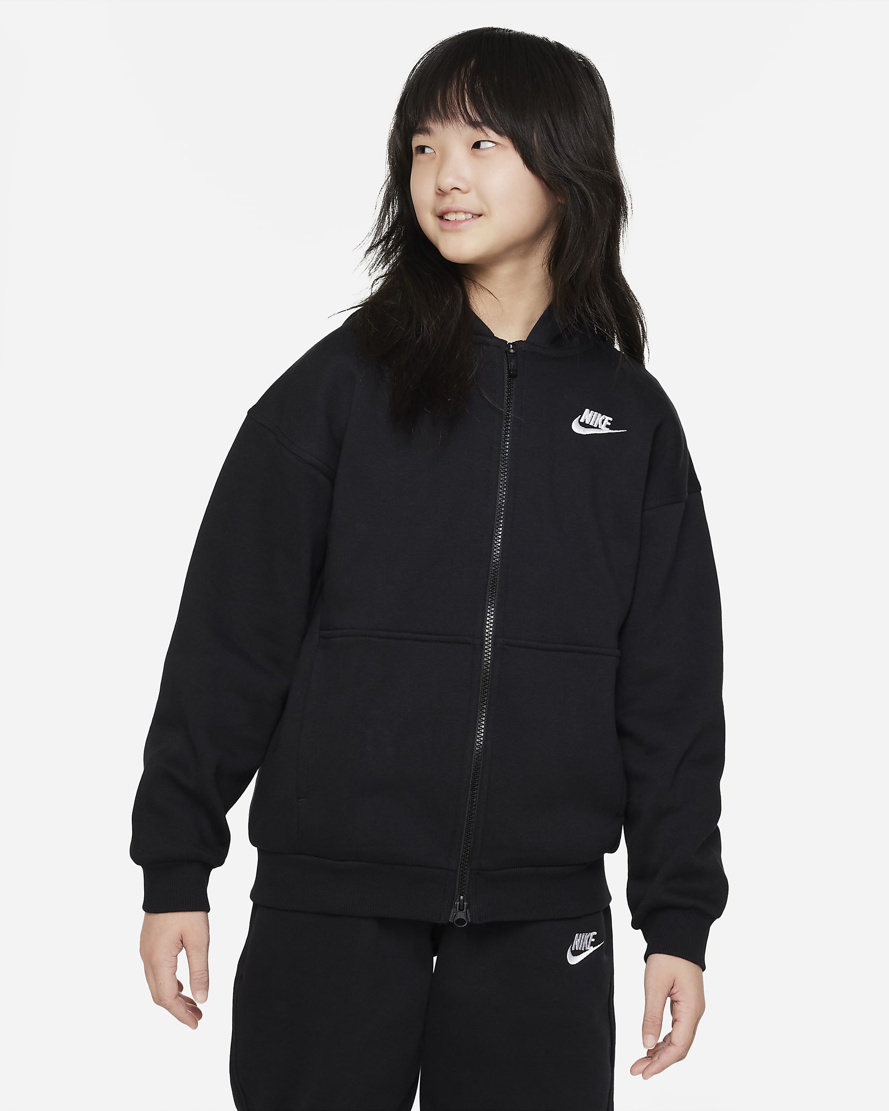 Nike Sportswear Club Fleece 大童 Oversize 风全长拉链开襟加绒连帽衫 - 黑/白色