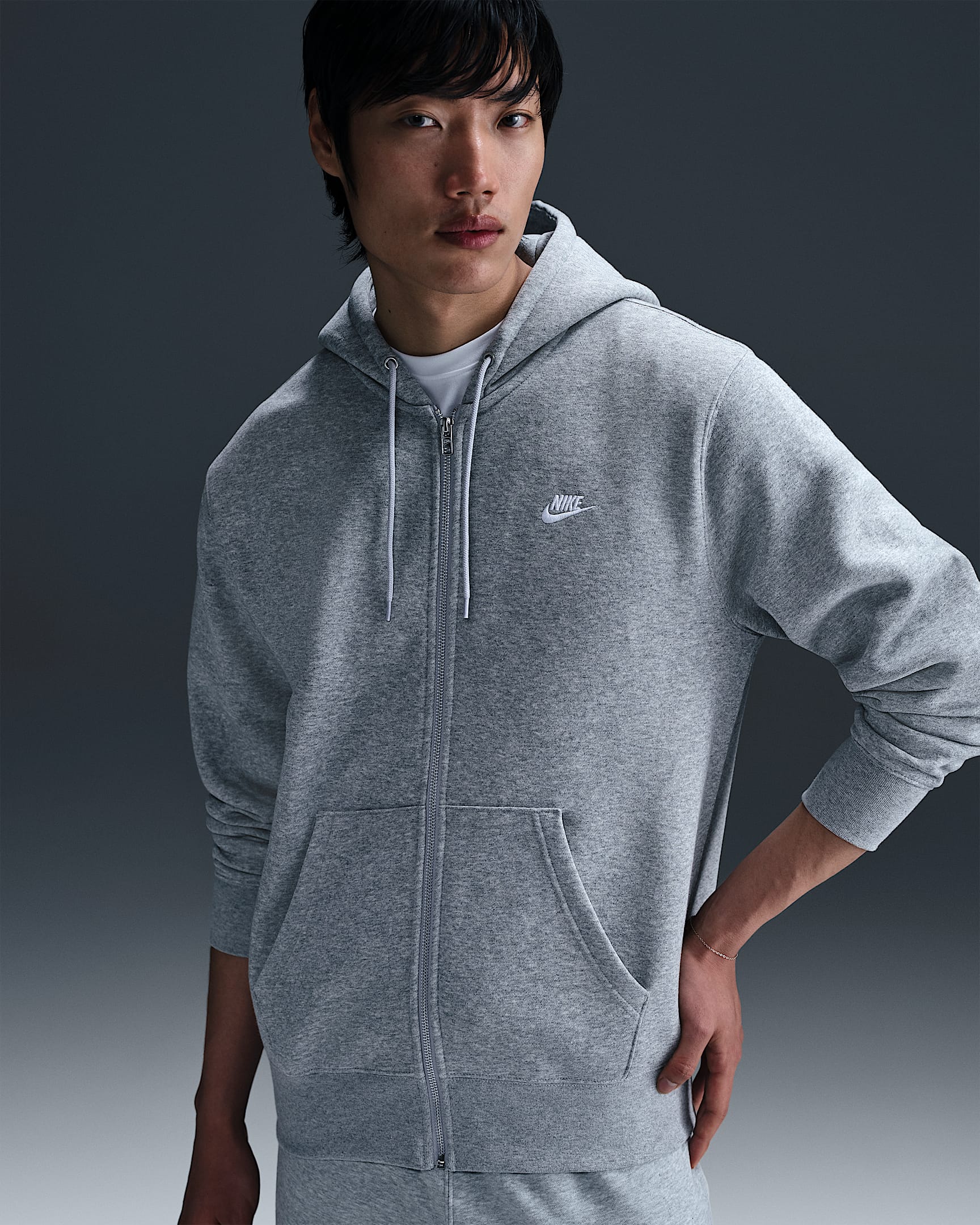Nike Club 男子全长拉链开襟加绒连帽衫 - 调色暗灰/浅烟灰/白色