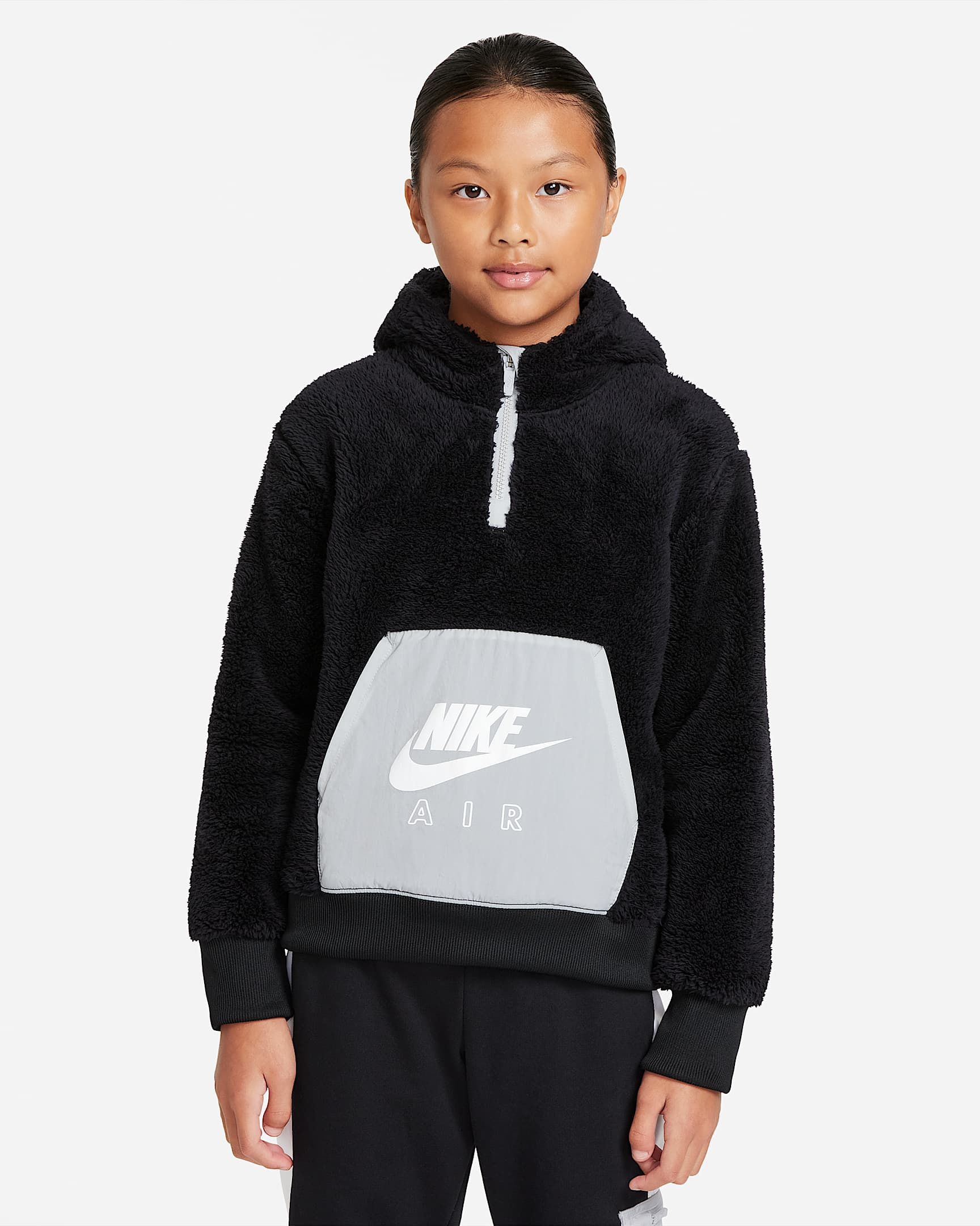 Nike Air 大童（女孩）连帽衫 - 黑/浅烟灰/白色