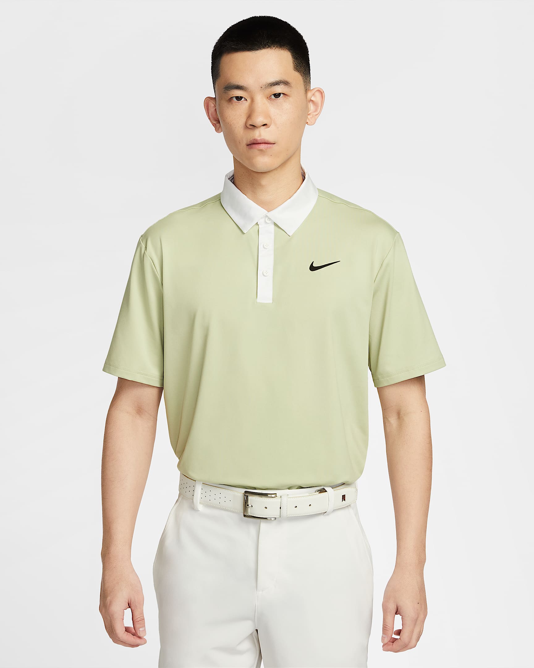 Nike Tour Dri-FIT 男子速干高尔夫翻领T恤 - 浅橄榄绿/白色/黑