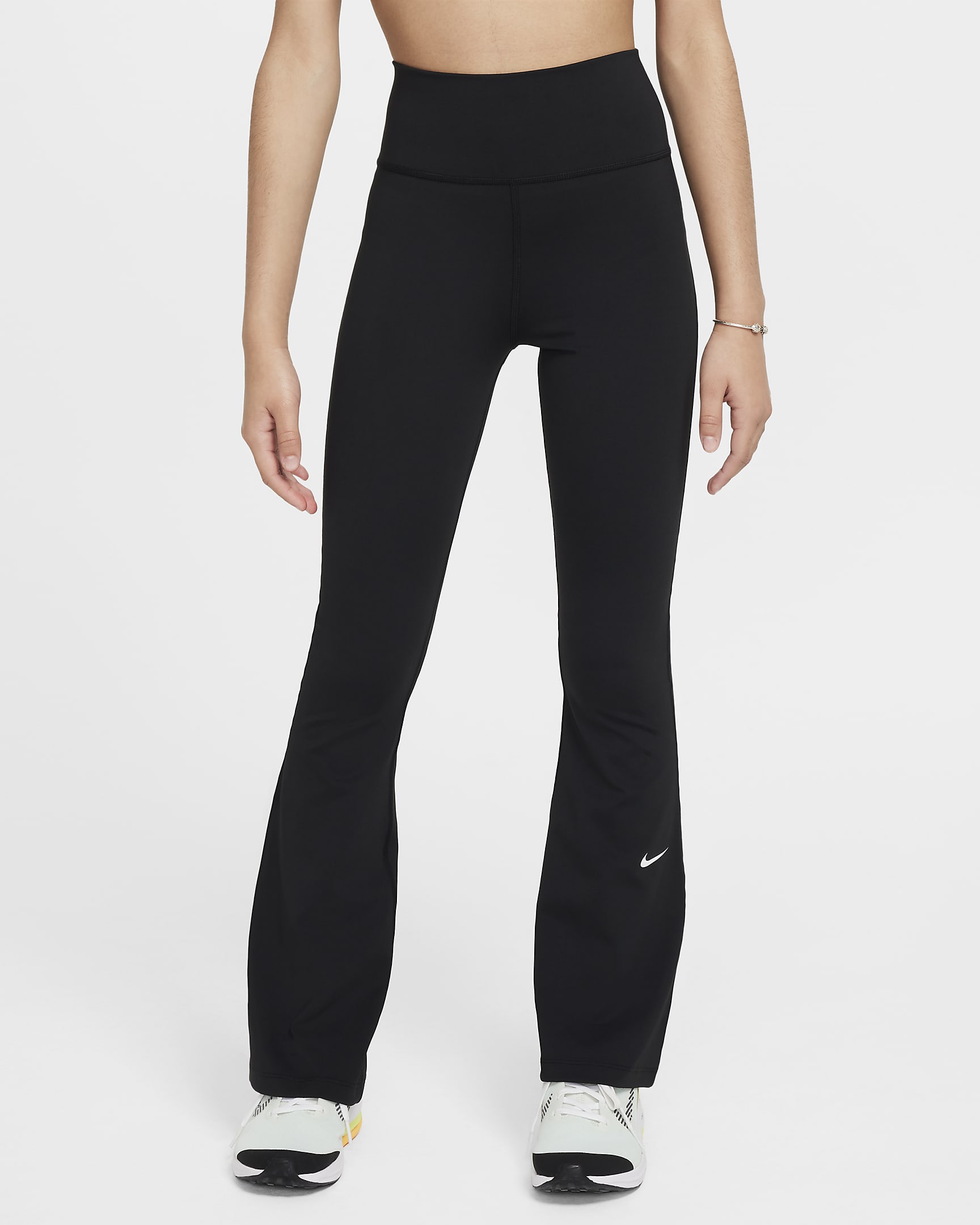 Nike One Dri-FIT 大童（女孩）速干喇叭紧身裤 - 黑/白色