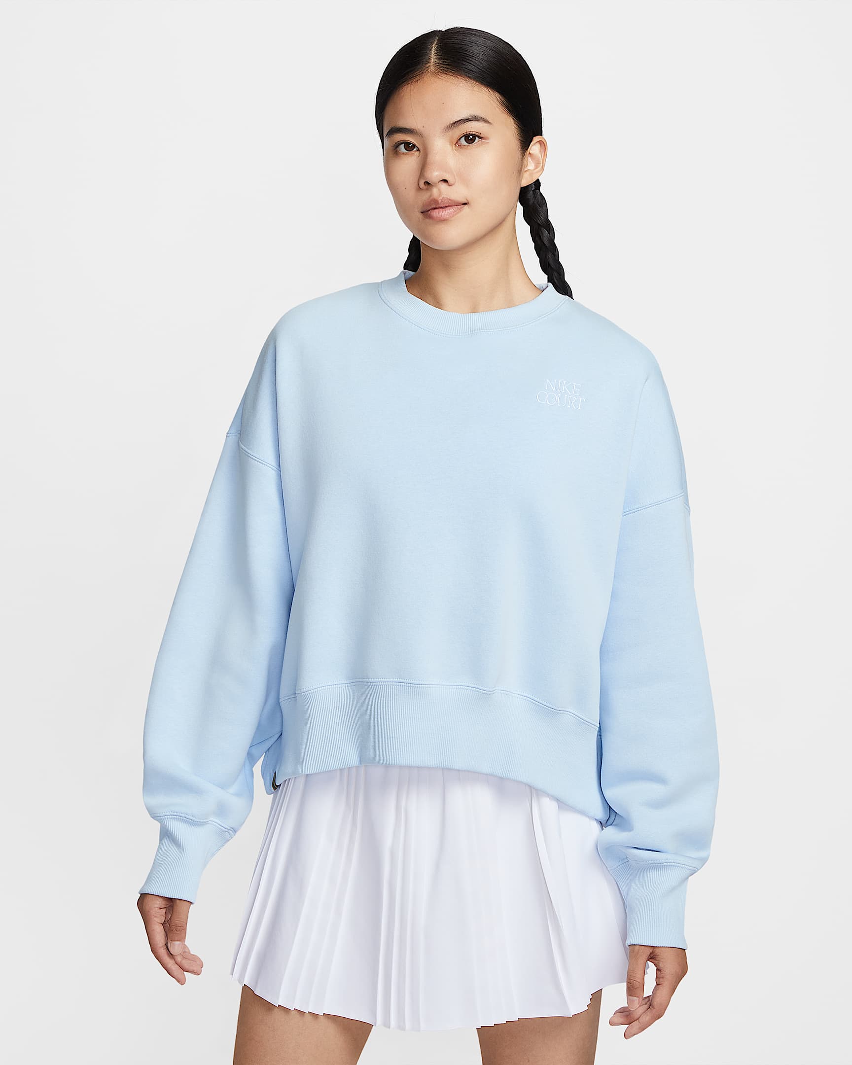 NikeCourt Heritage Phoenix Fleece 女子 Oversize 风加绒圆领运动衫 - 天青石蓝