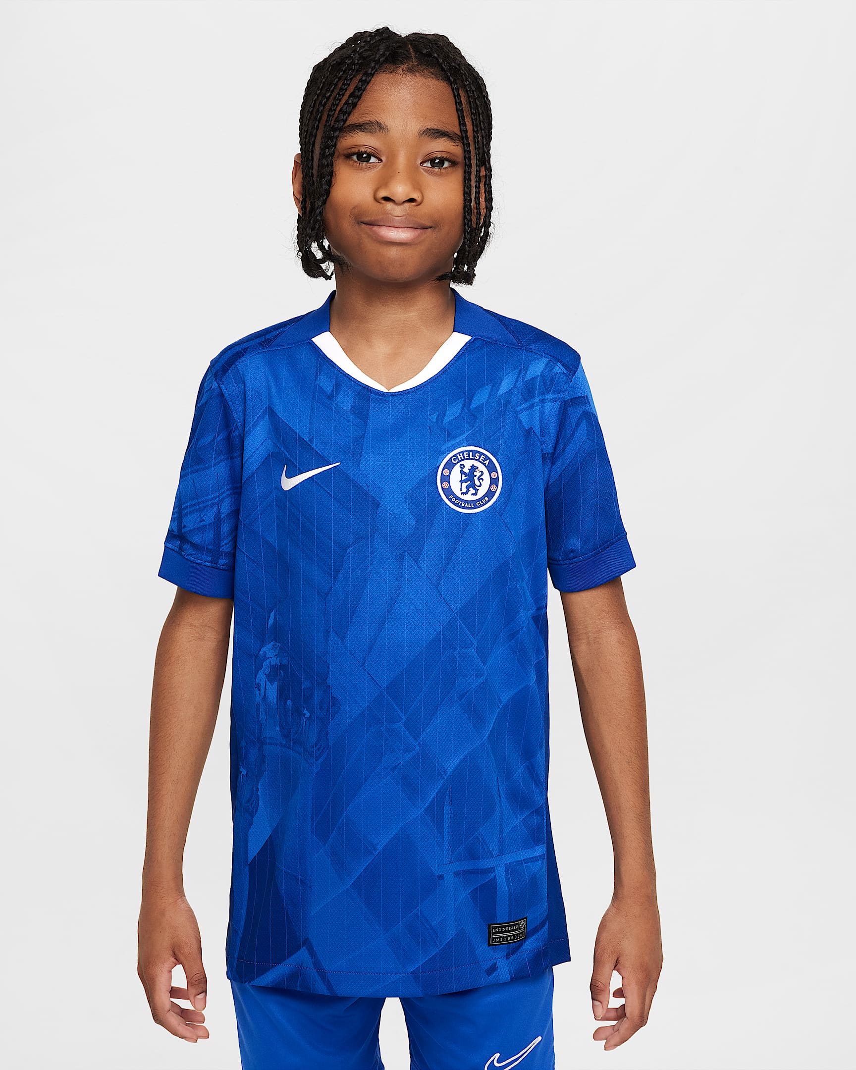 2025/26 赛季切尔西主场球迷版 Nike Dri-FIT 大童速干足球球衣 - 灯草蓝/白色/速度红/白色