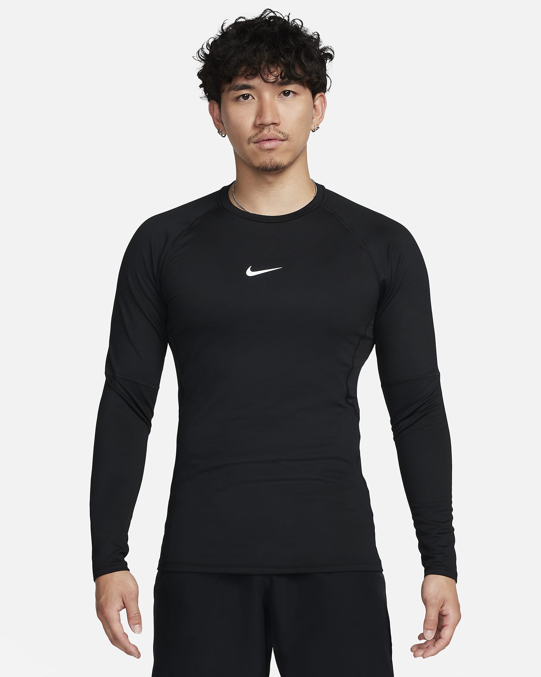 Nike Pro Warm 男子薄绒拼接速干长袖训练上衣 - 黑/白色