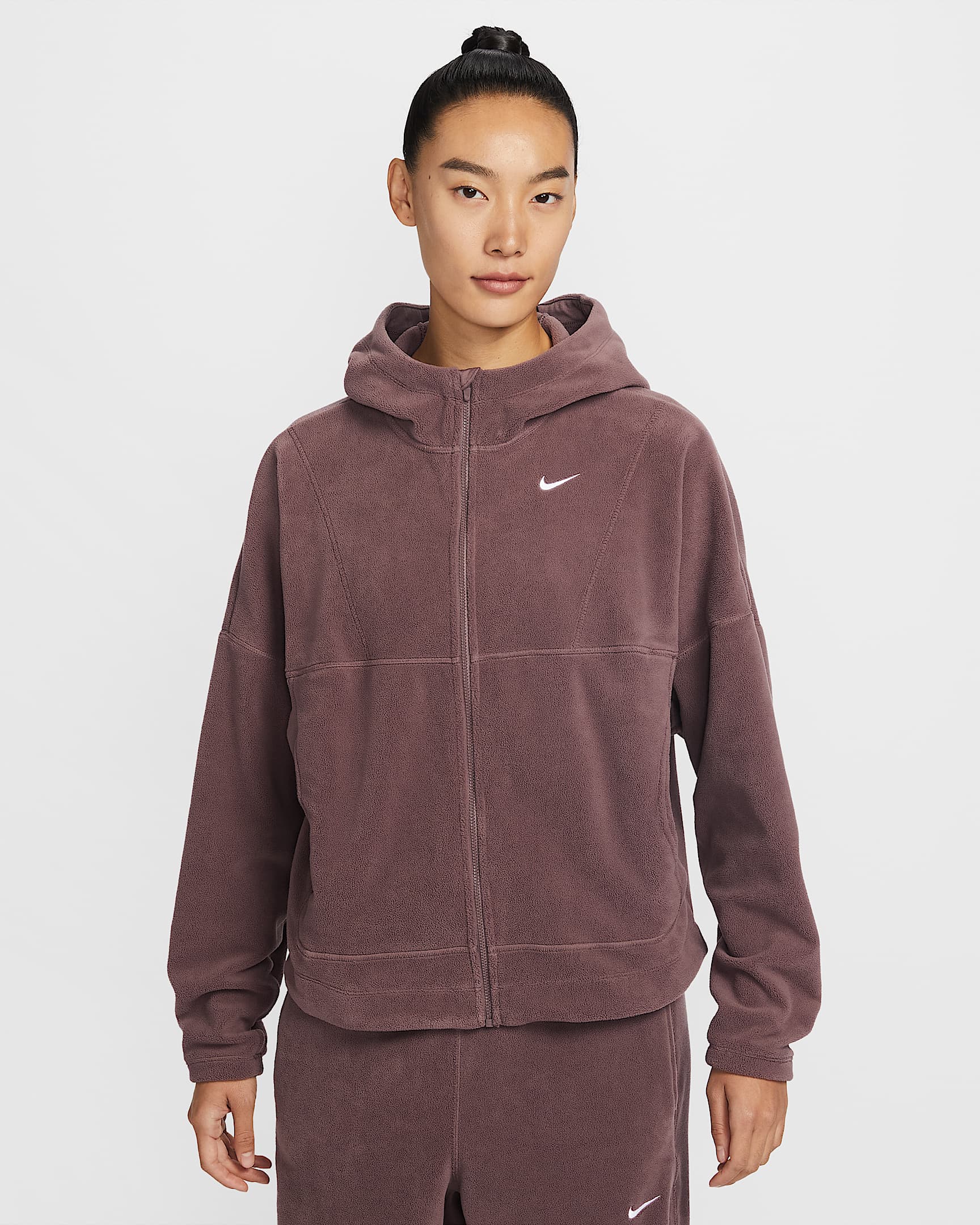Nike One Therma-FIT 女子摇粒绒全长拉链开襟上衣 - 图腾黑紫/白色