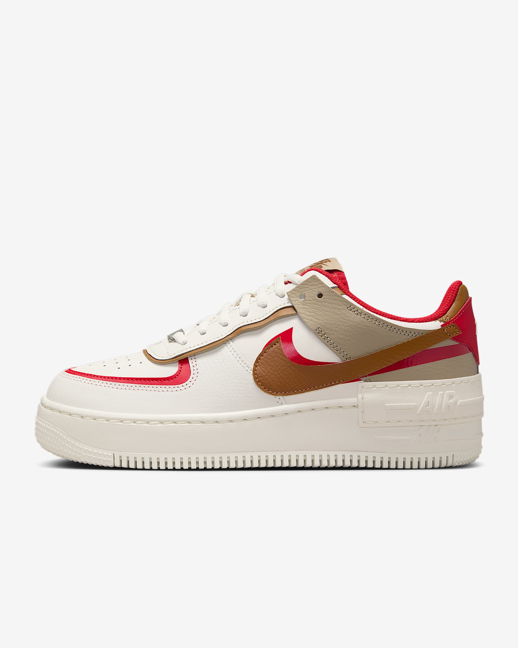 Nike Air Force 1 Shadow 女子空军一号厚底运动鞋 - 幻影灰白/火焰红/卡其/浅英国褐