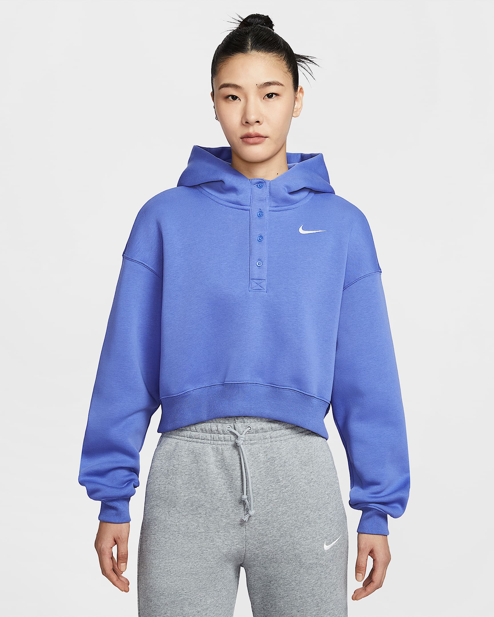 Nike Phoenix Fleece 女子 Oversize 风加绒短款连帽衫 - 浅中蓝/帆白