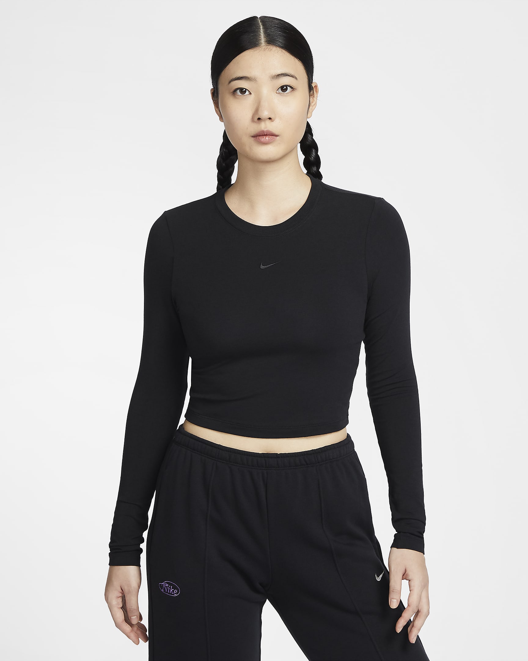 Nike Sportswear Chill Knit 街舞系列女子修身长袖短款上衣 - 黑/黑