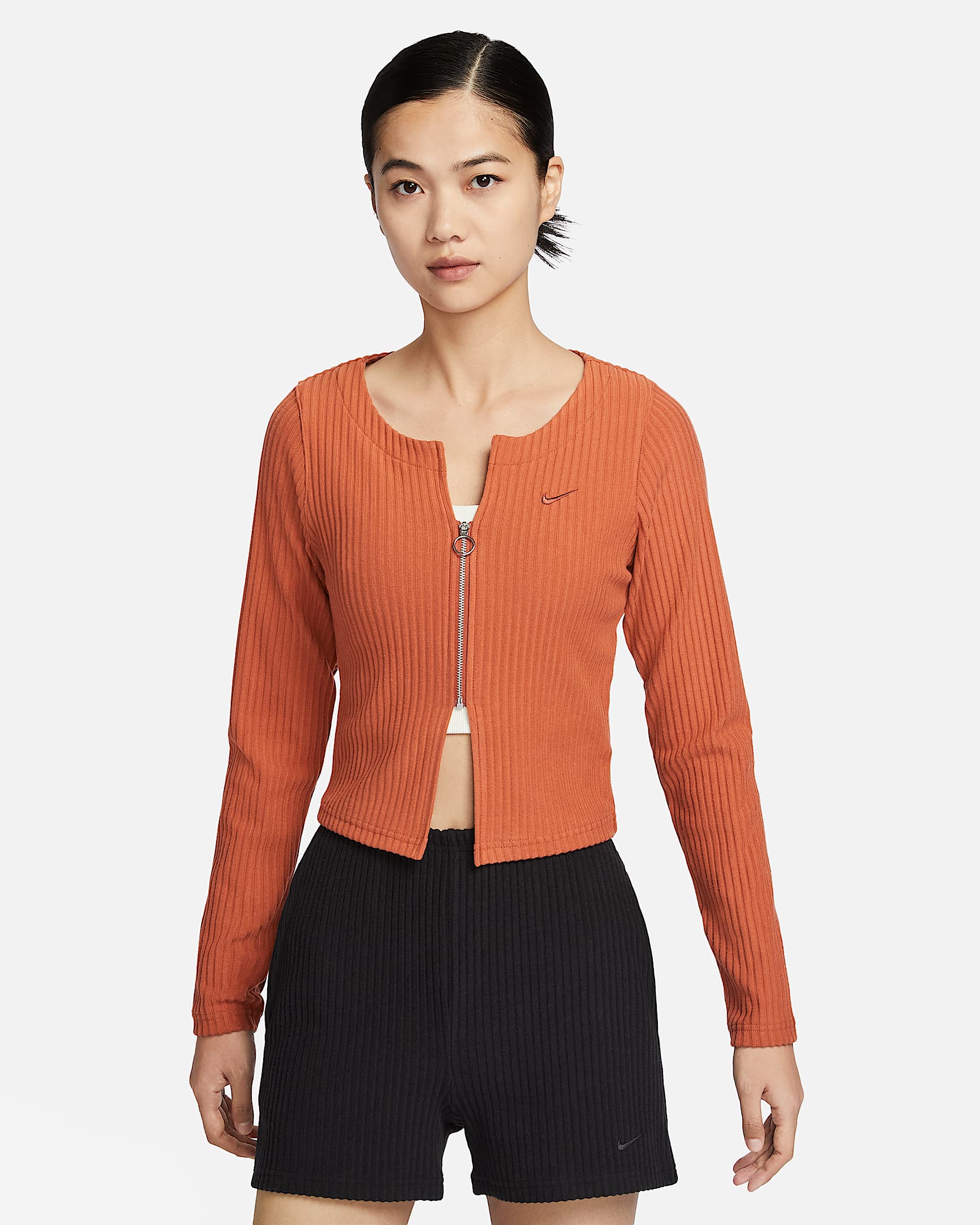 Nike Sportswear Chill Rib 女子修身拉链开襟开衫 - 日出火红/日出火红