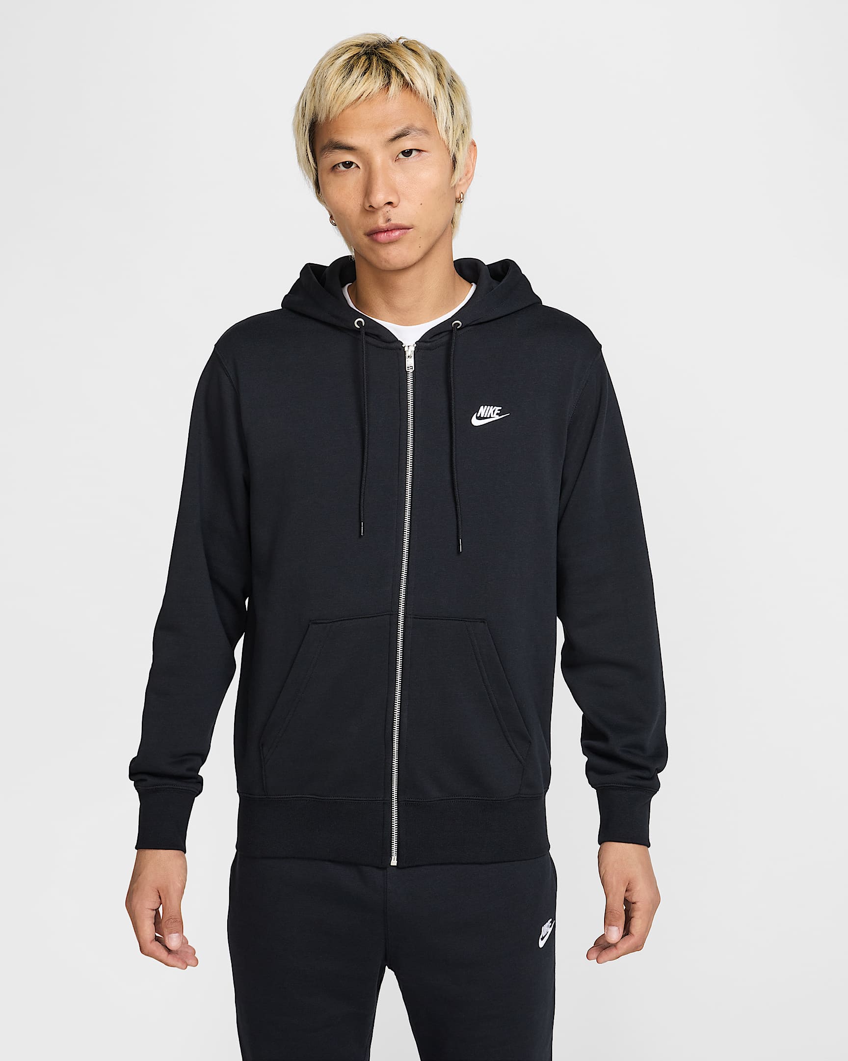 Nike Club 男子全长拉链开襟法式毛圈连帽衫 - 黑/黑/白色