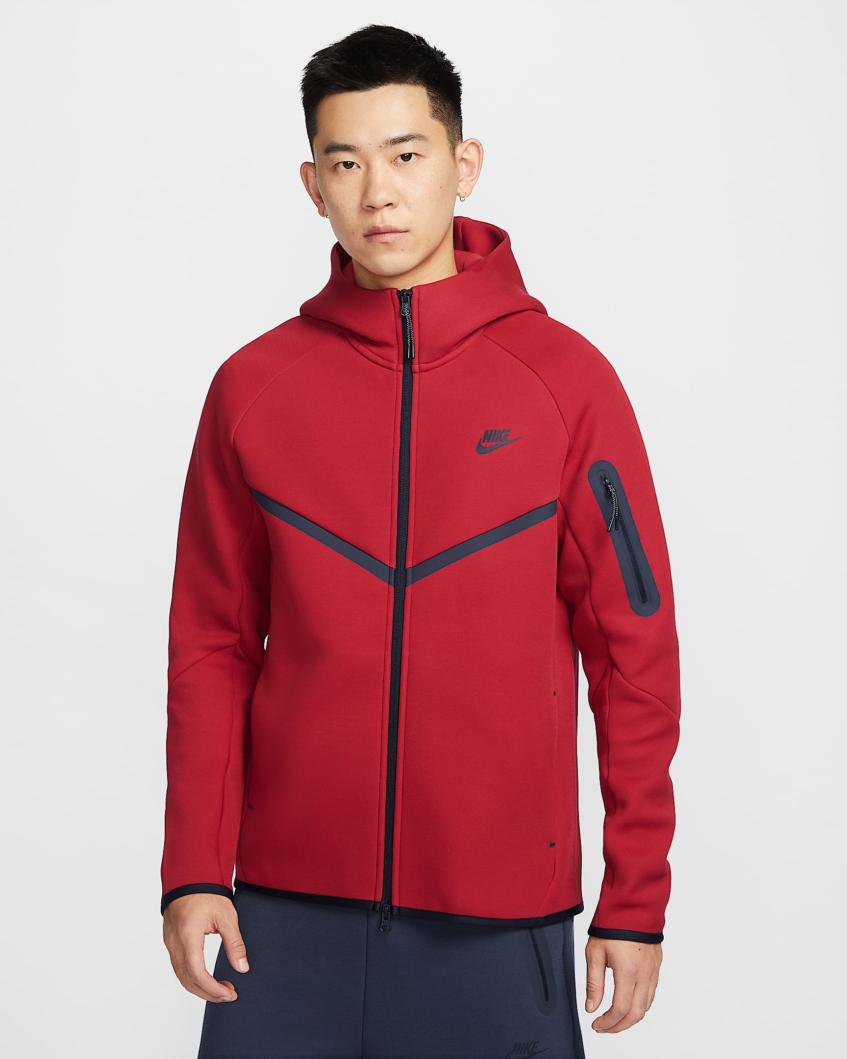 Nike Tech Windrunner 男子全长拉链开襟连帽衫 - 健身红/黑