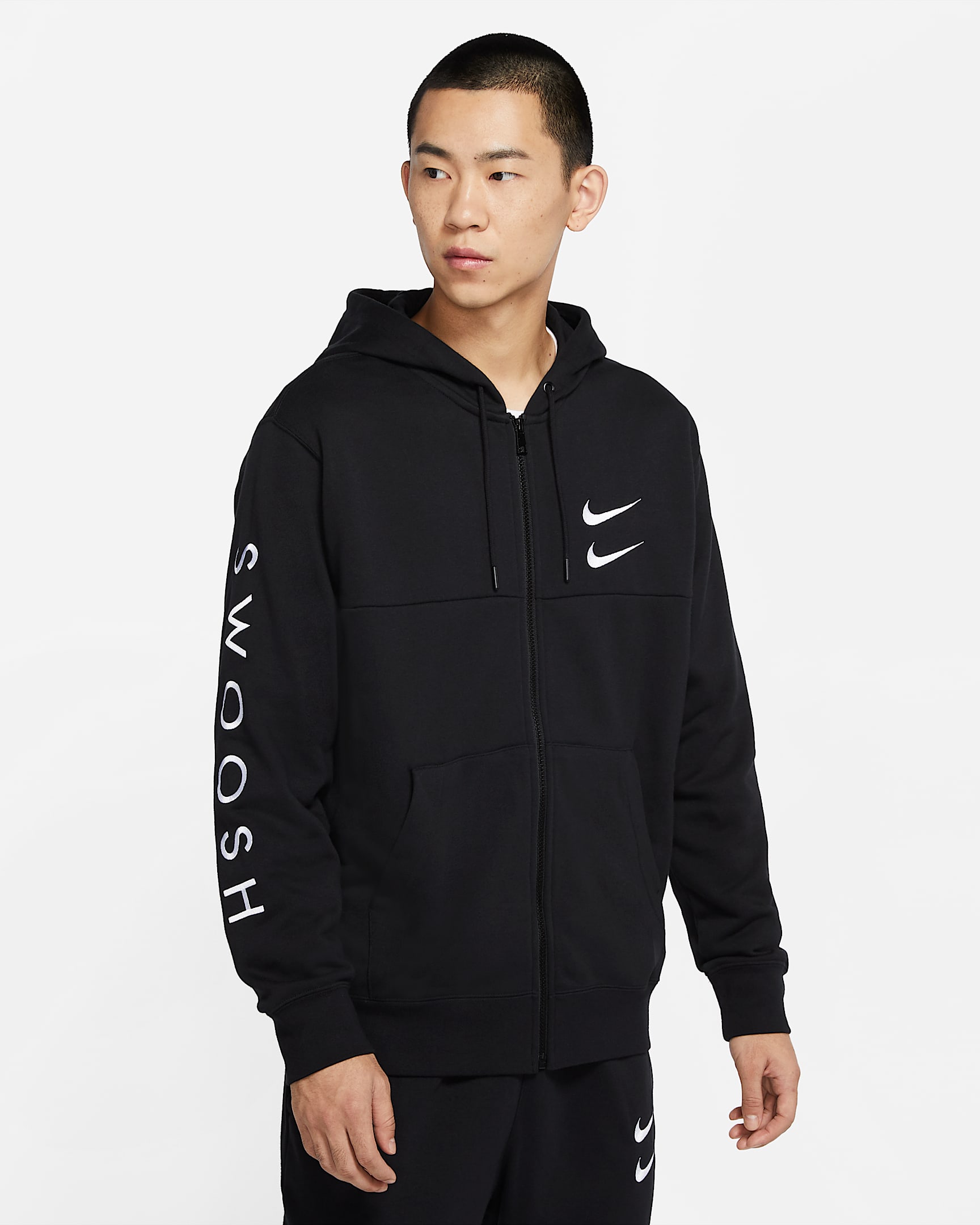 Nike Sportswear Swoosh 男子全长拉链开襟连帽衫 - 黑/白色