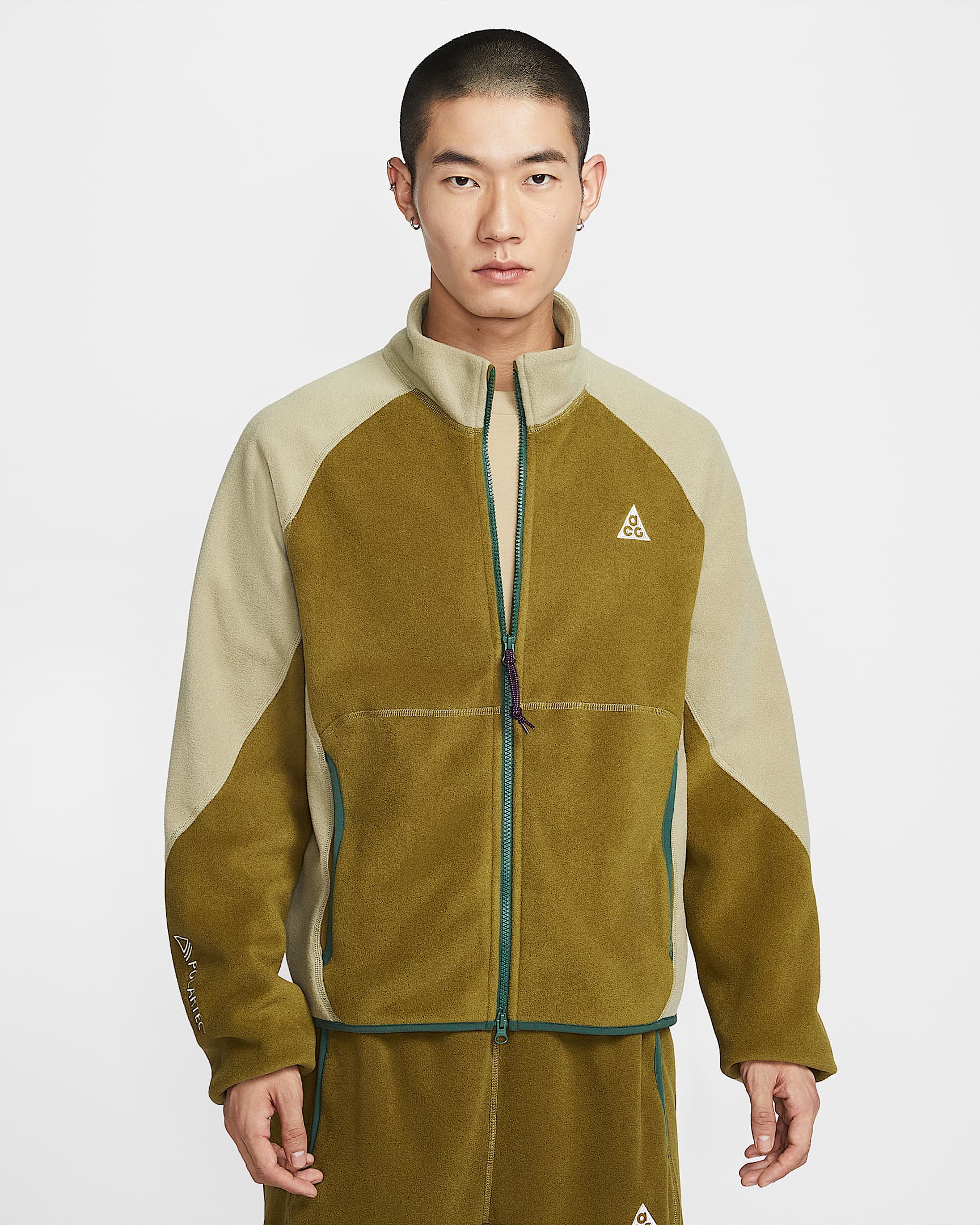 Nike ACG "Wolf Tree" 男子全长拉链开襟摇粒绒夹克 - 高射炮橄榄绿/橄榄绿/冷杉绿/山峰白