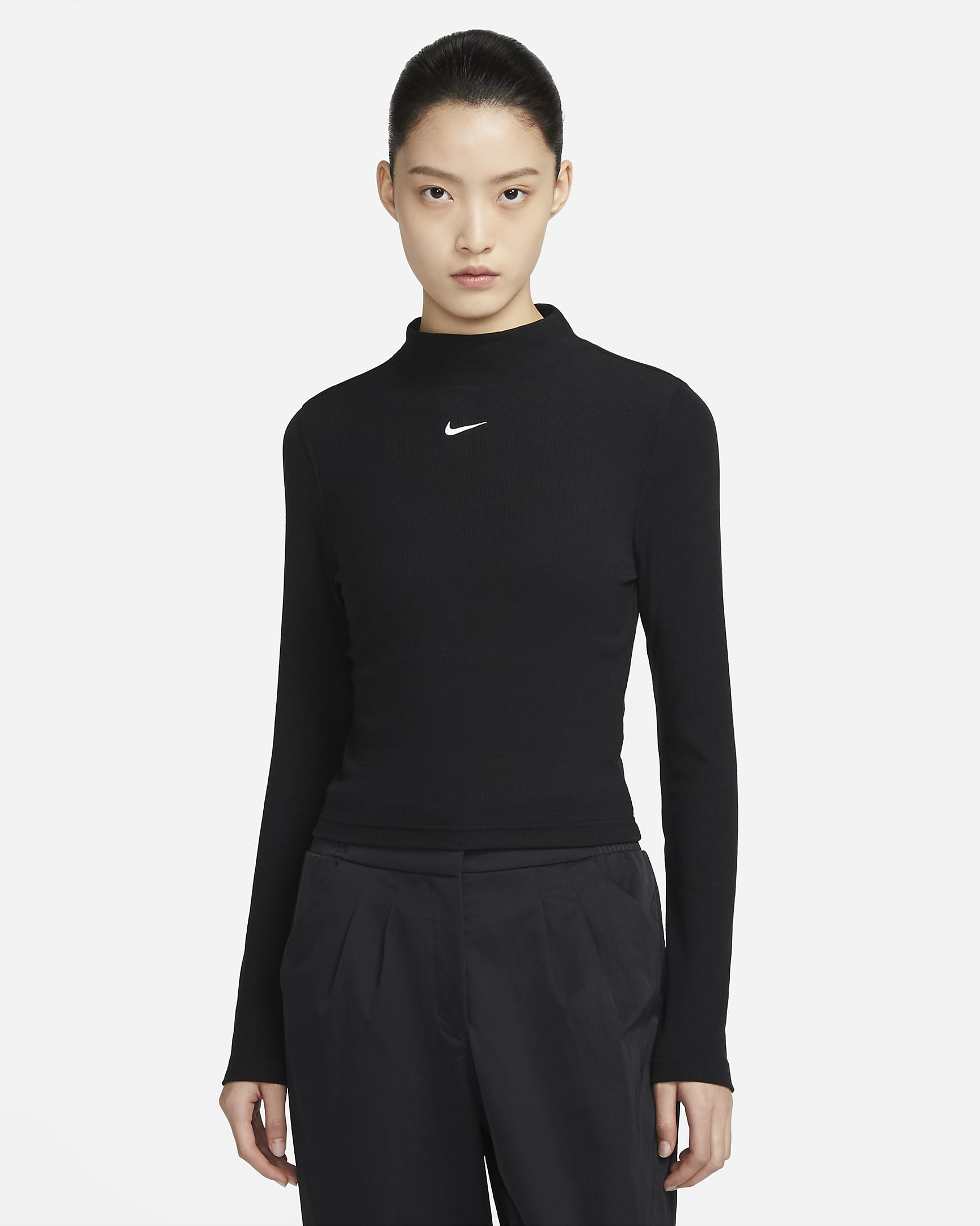 Nike Sportswear Essential 女子罗纹企领长袖上衣 - 黑/白色