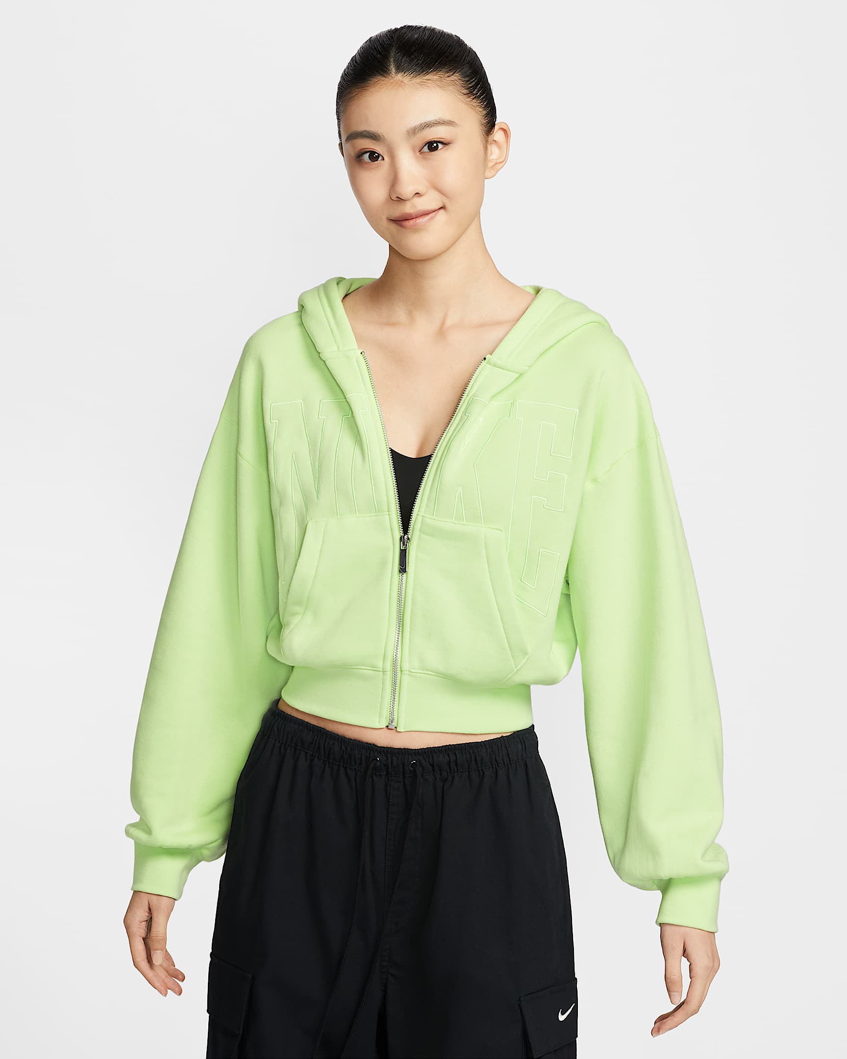 Nike Sportswear 女子法式毛圈全长拉链开襟短款连帽衫 - 浅柠色/浅柠色