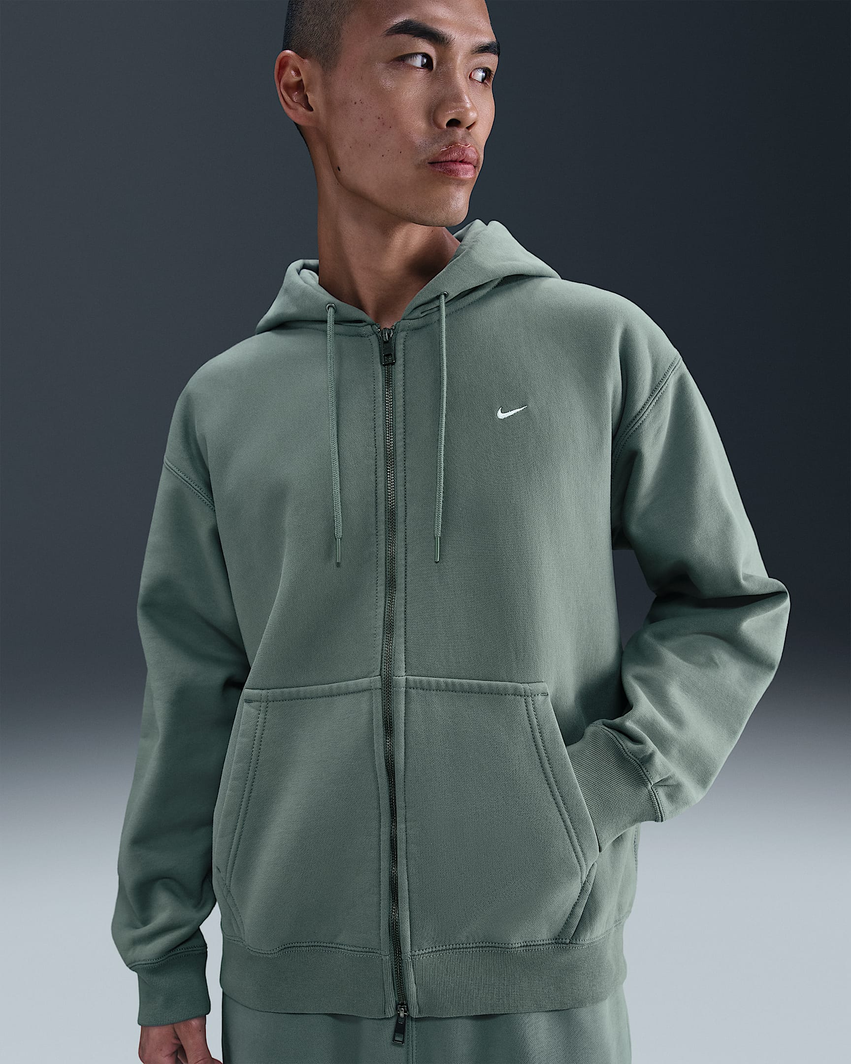 Nike Solo Swoosh 男子全长拉链开襟加绒连帽衫 - 土绿/土绿/白色