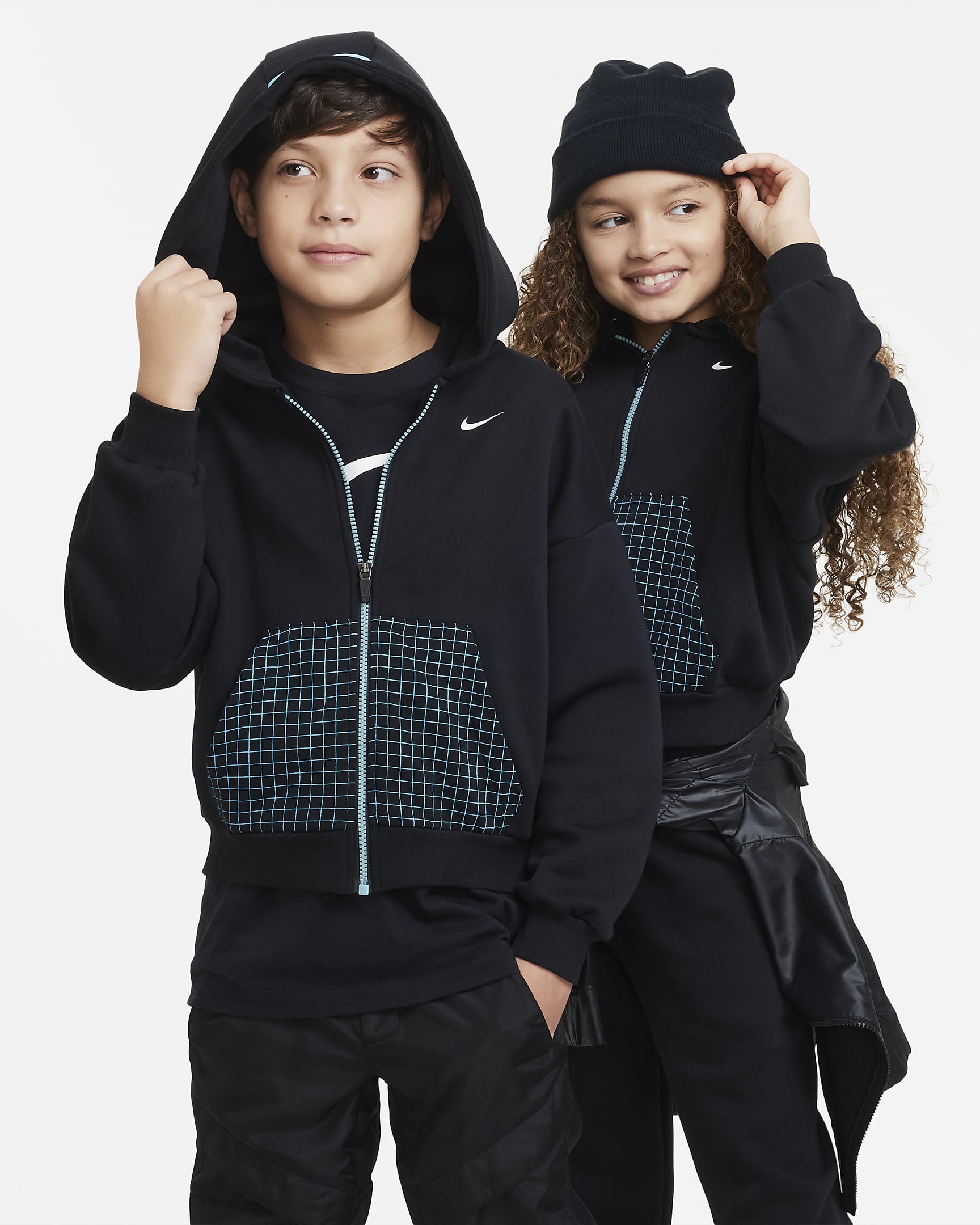 Nike Sportswear 大童全长拉链开襟加绒连帽衫 - 黑