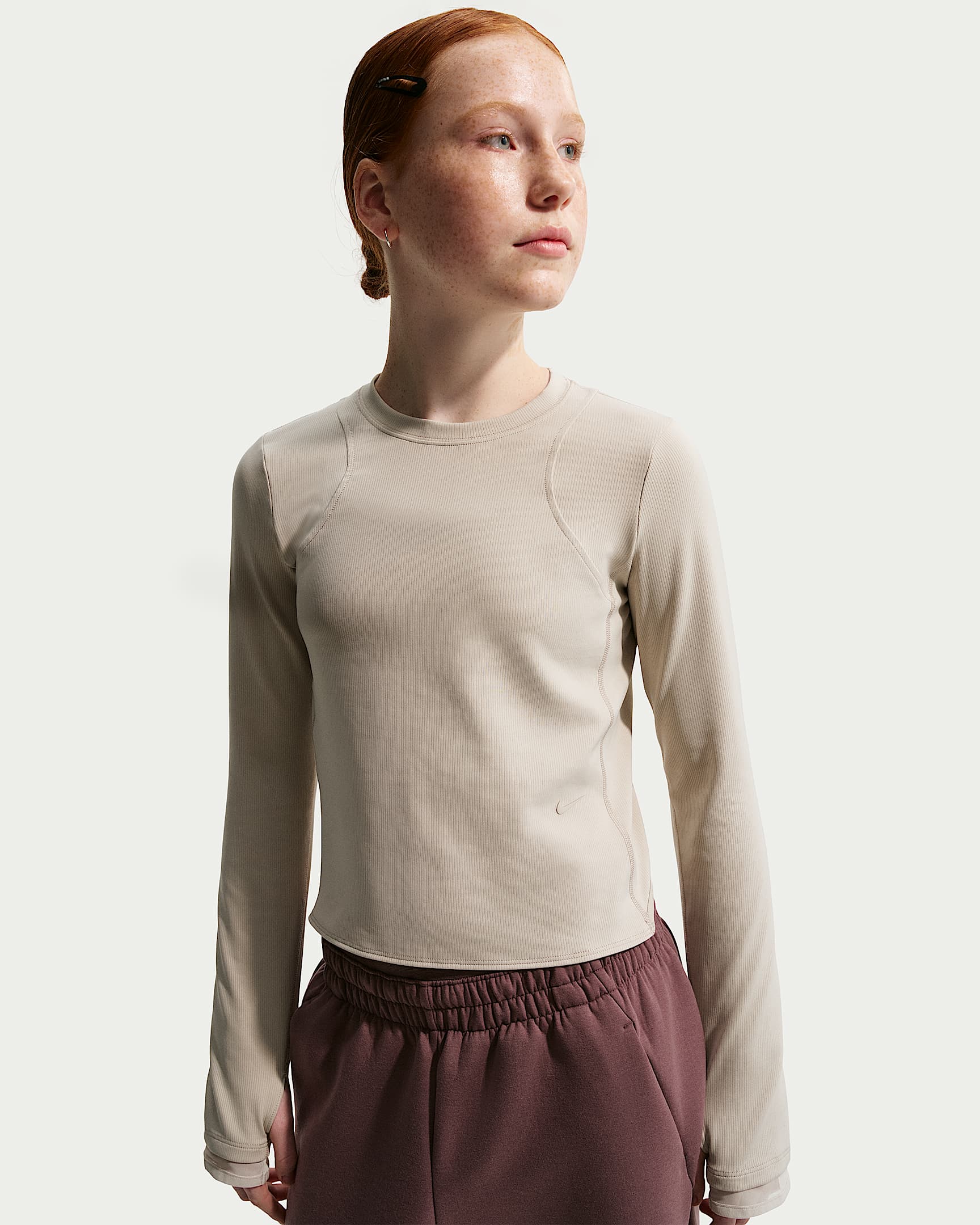 Nike MAVN Dri-FIT 耐克好动心系列大童（女孩）速干罗纹长袖上衣 - 奶白 II/奶白 II/奶白 II