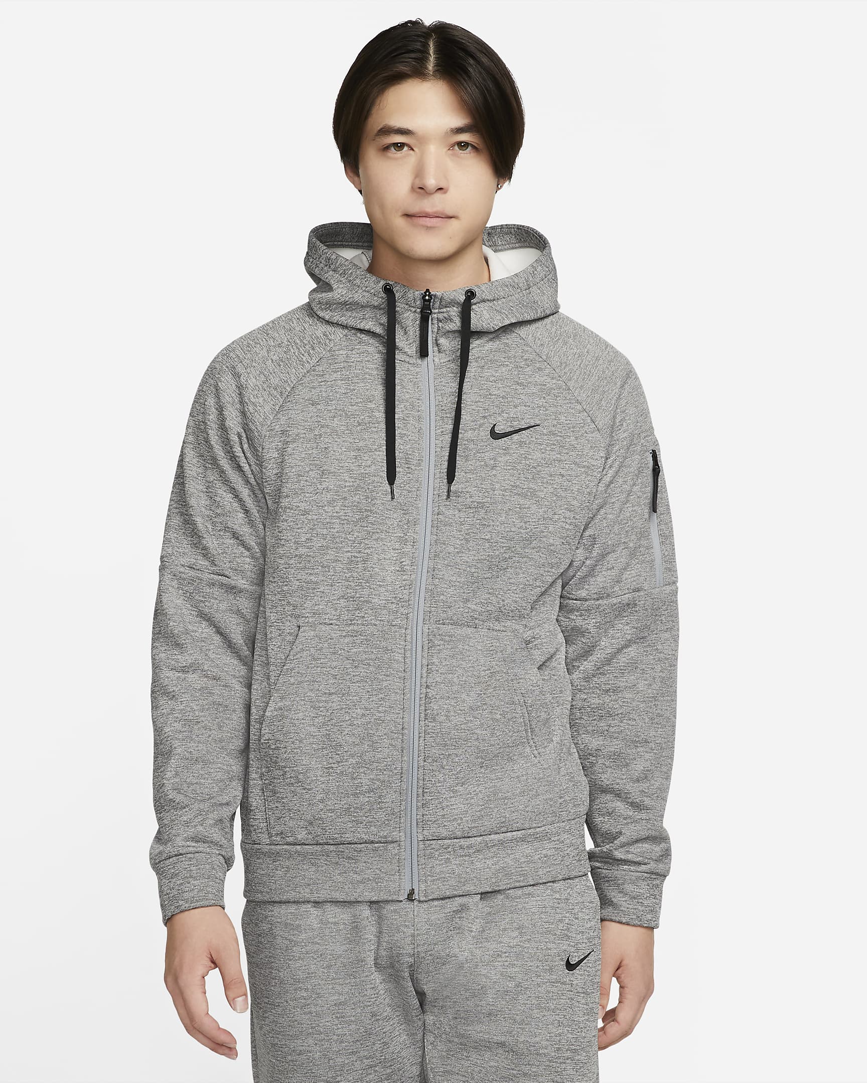 Nike Therma-FIT 男子加绒训练全长拉链开襟连帽衫 - 调色暗灰/微粒灰/黑