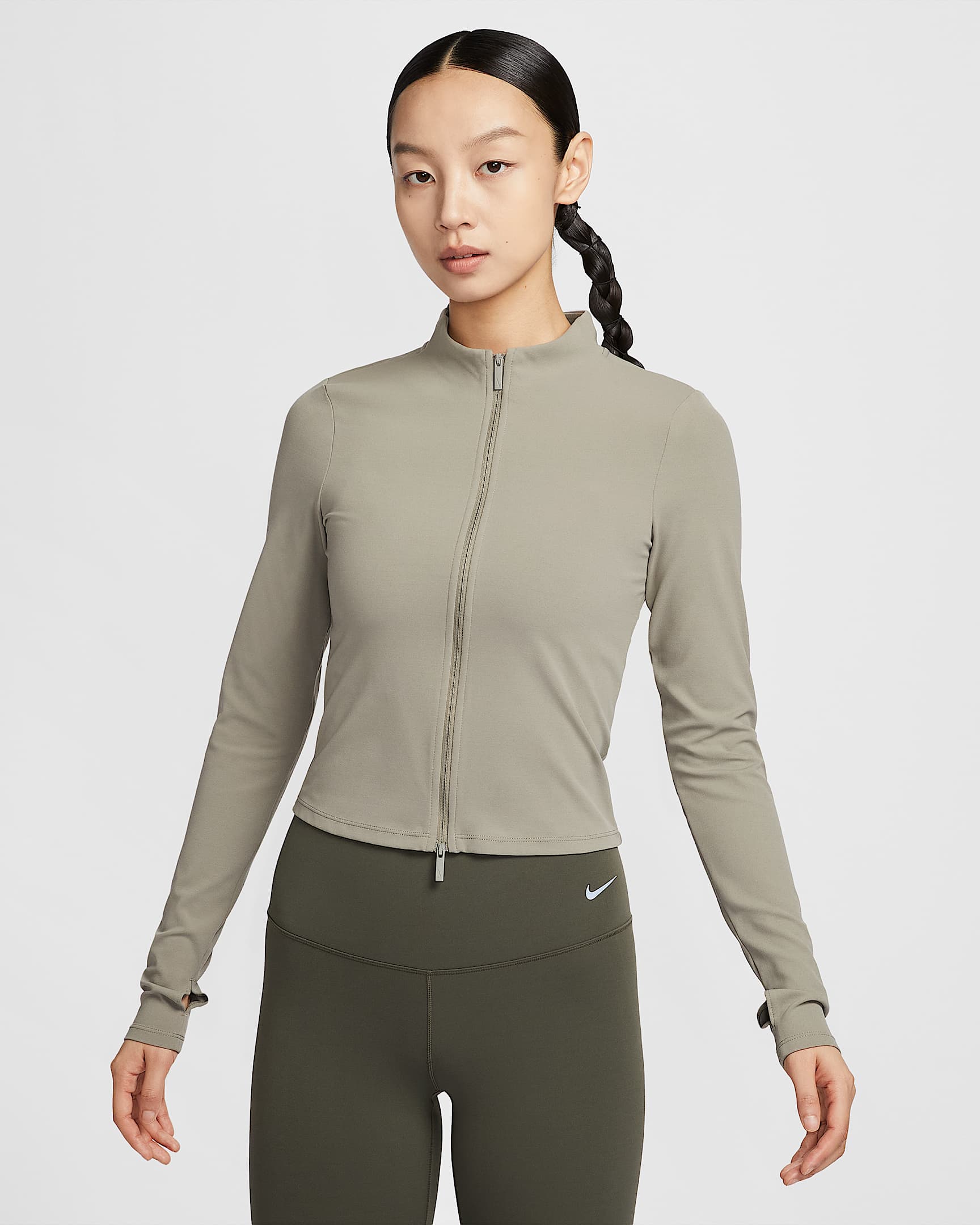 Nike Zenvy Dri-FIT 女子速干全长拉链开襟长袖上衣 - 浅军绿/白色