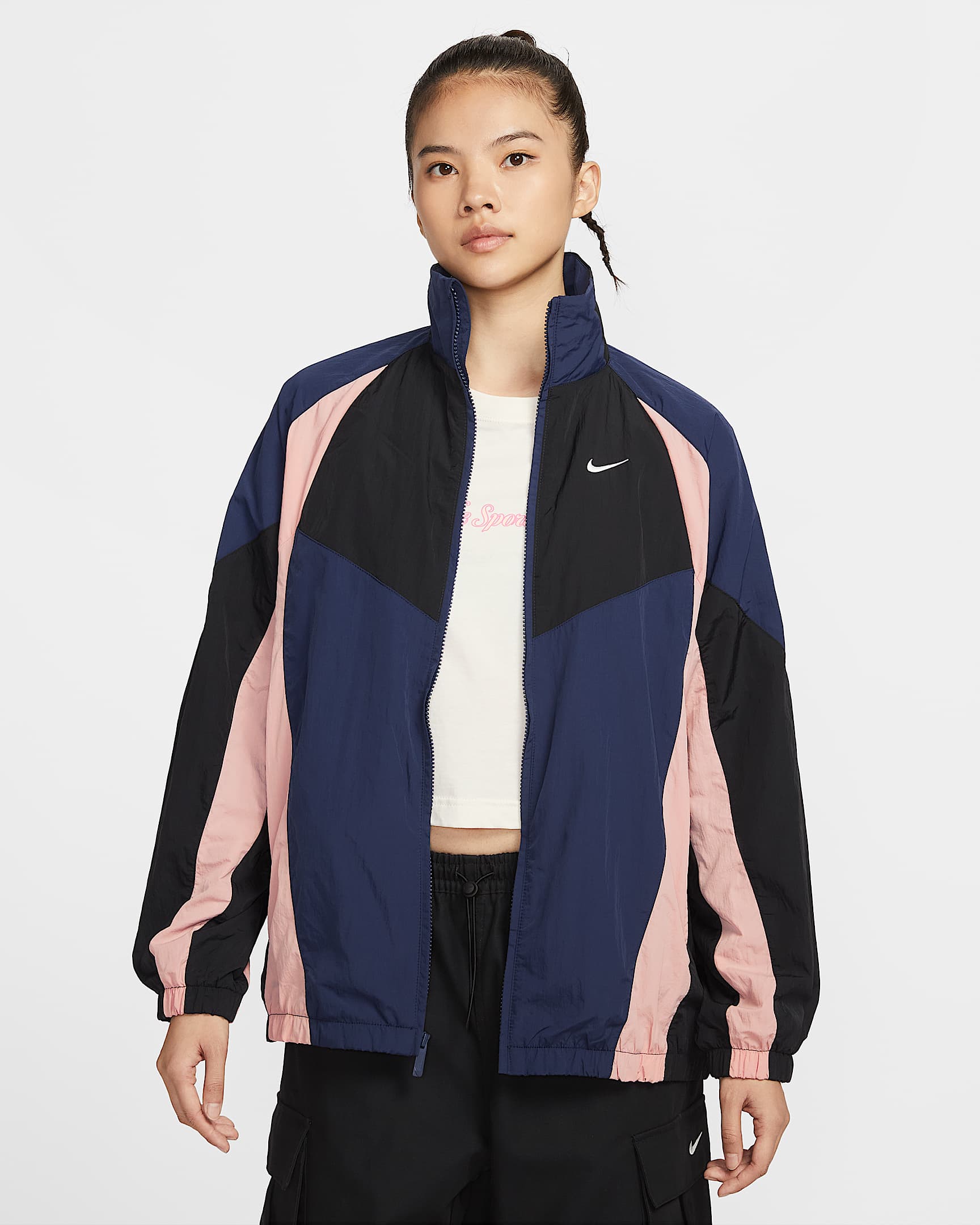 Nike Sportswear 女子 Oversize 风运动夹克 - 深藏青/黑/微粒粉/帆白