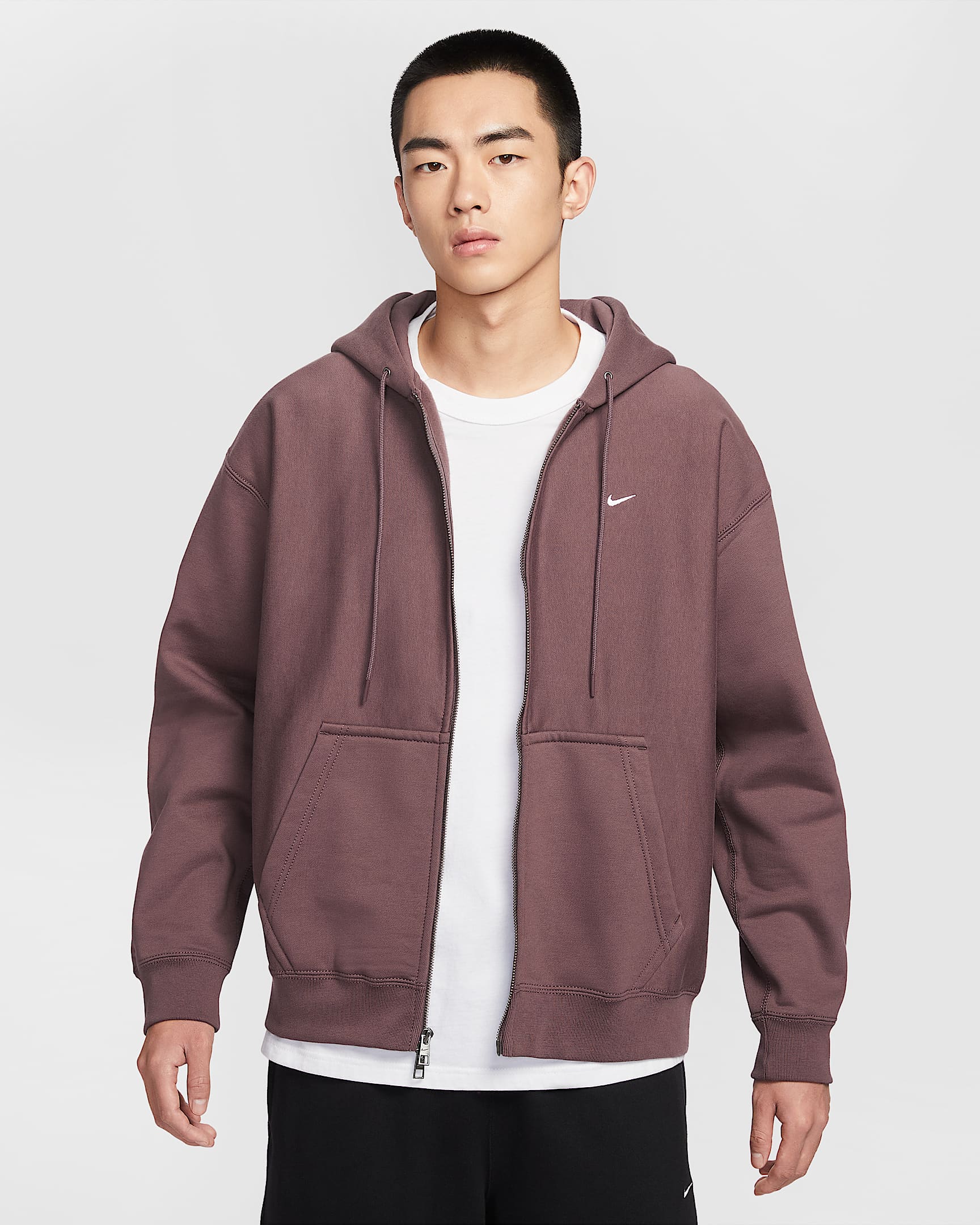 Nike Solo Swoosh 男子全长拉链开襟加绒连帽衫 - 图腾黑紫/白色