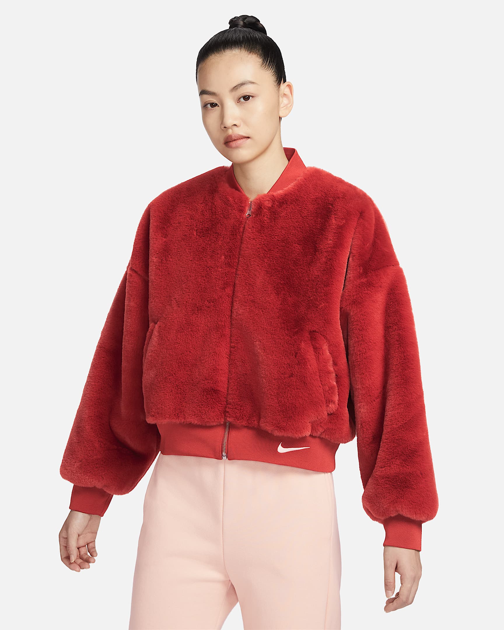 Nike Sportswear 女子双面穿人造毛皮短夹克 - 暗橙色/冰番石榴色